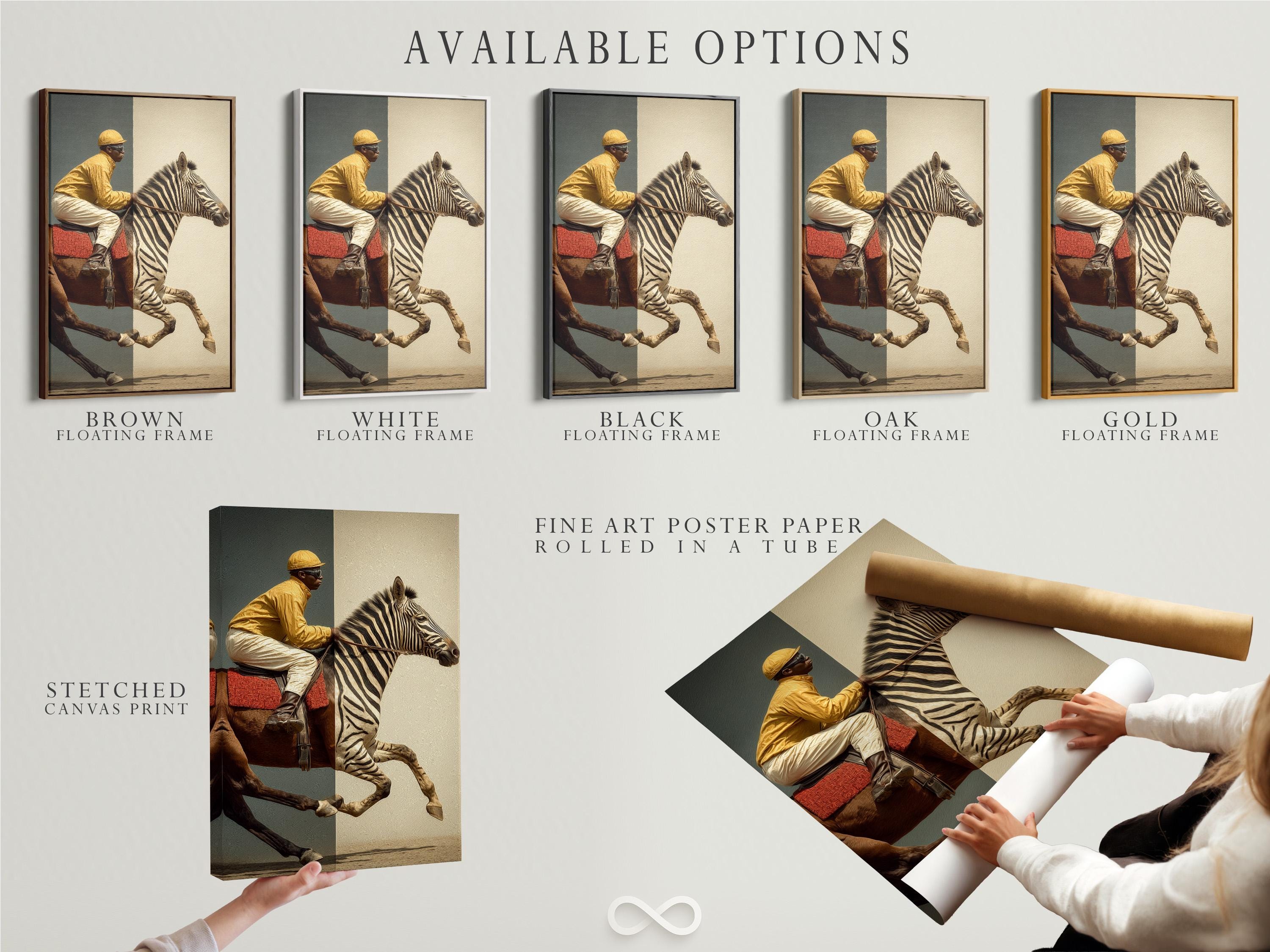 Room mockup showing framed zebra jockey artwork on a wall with side panel images