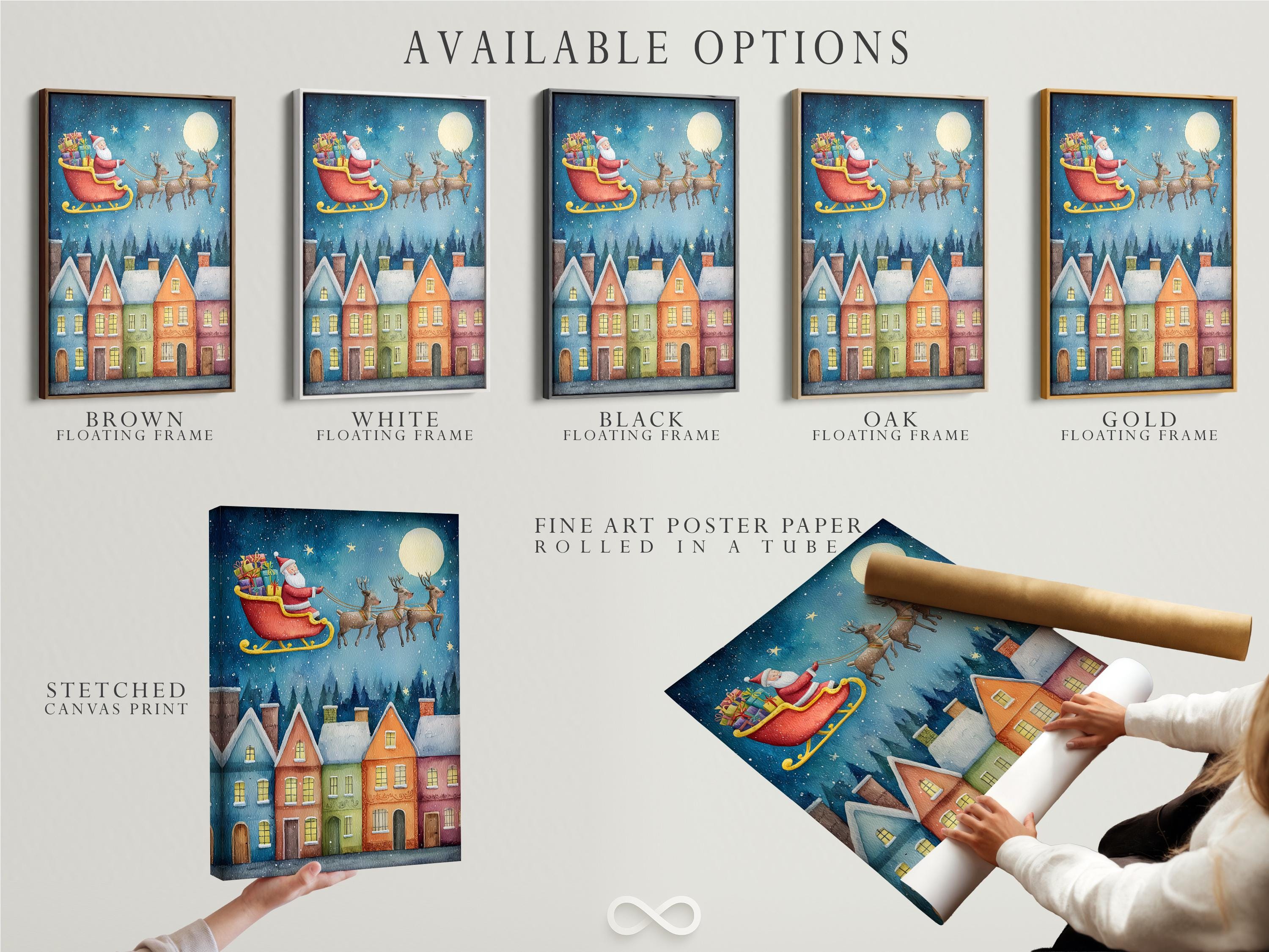 Illustrated Christmas night scene of Santa flying a sleigh with reindeer over a snowy town with glowing windows detail view