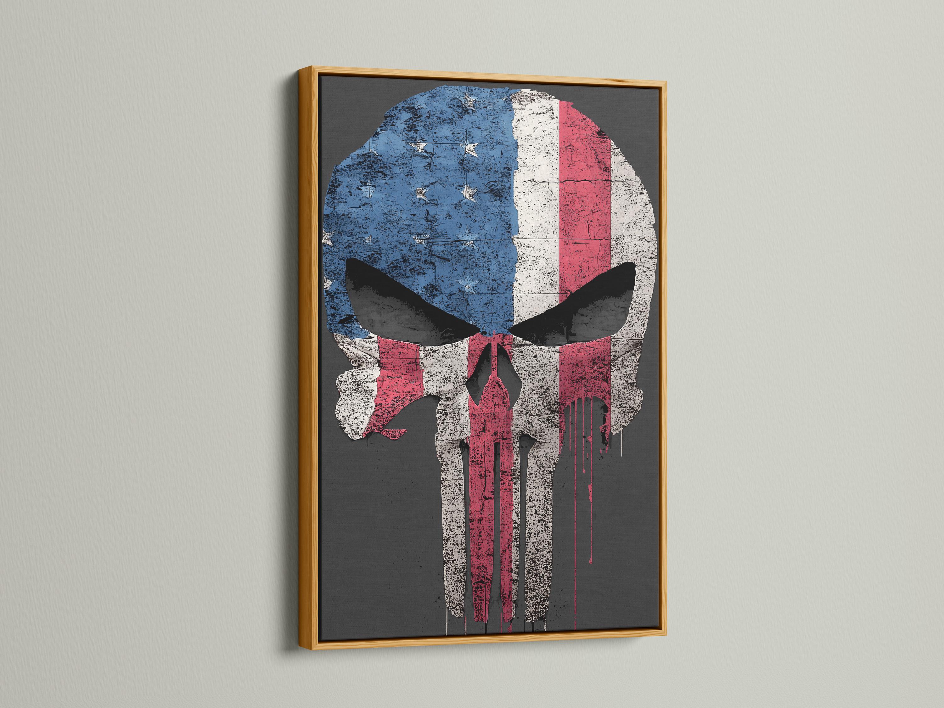 Portrait framed artwork mockup showing a distressed skull flag design