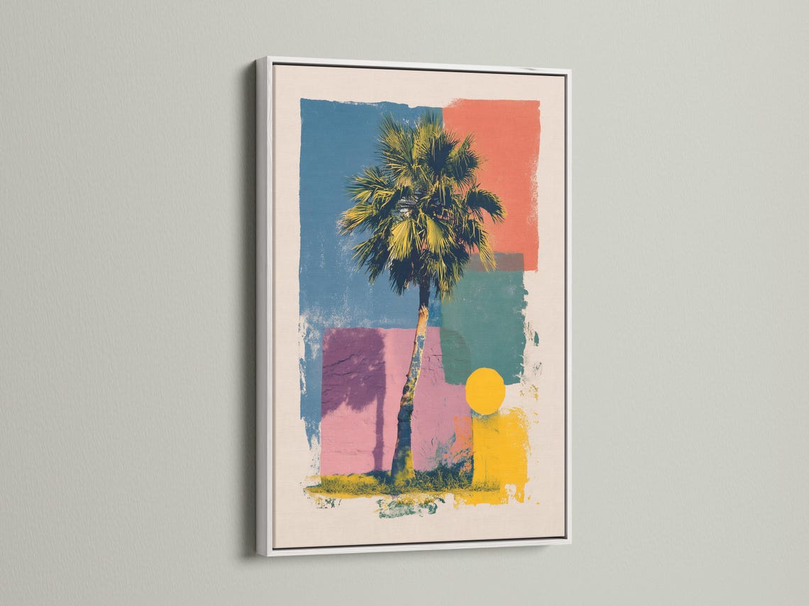 Room mockup showing palm tree pop-art wall artwork with a frame