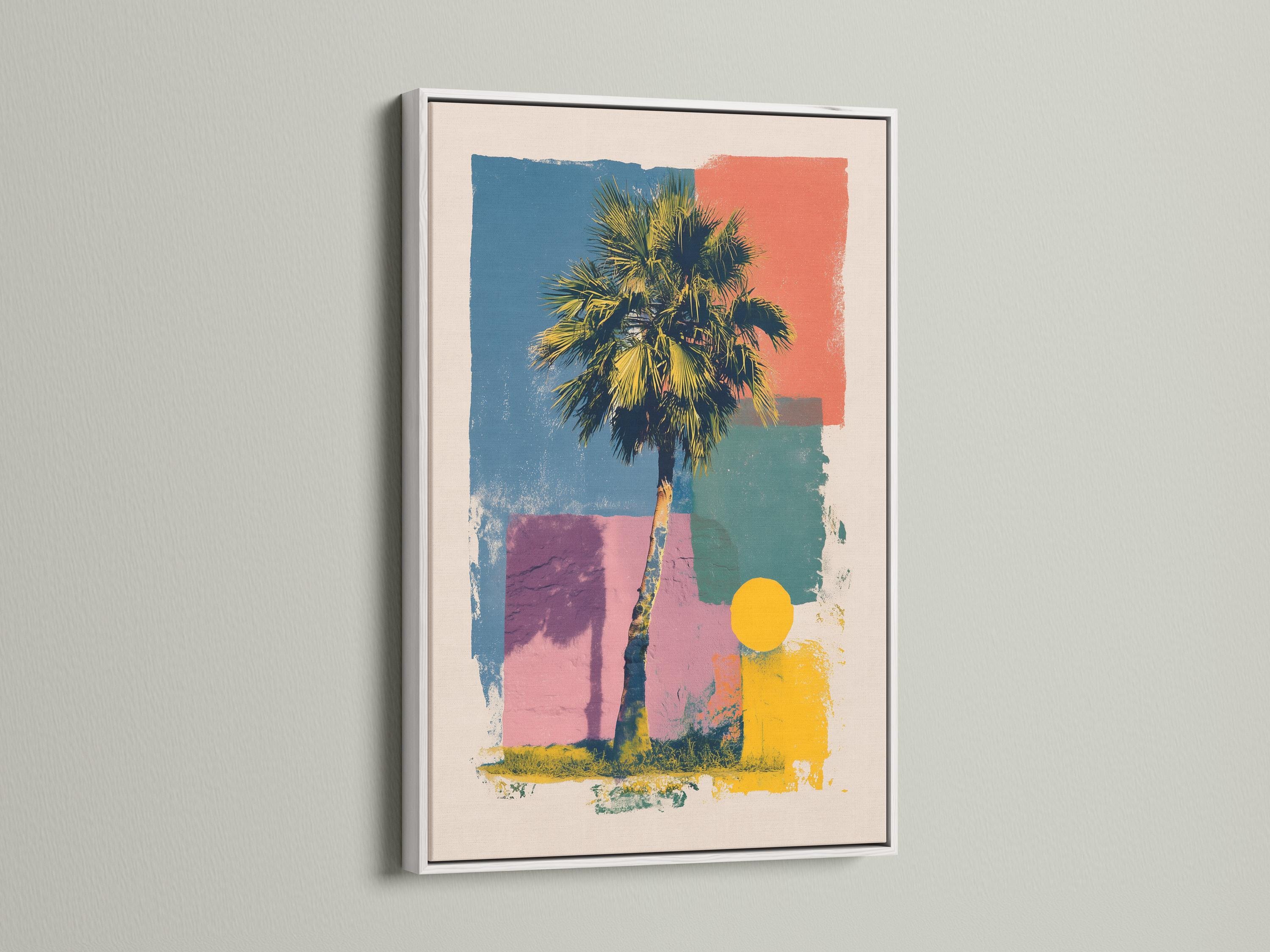 Room mockup showing palm tree pop-art wall artwork with a frame