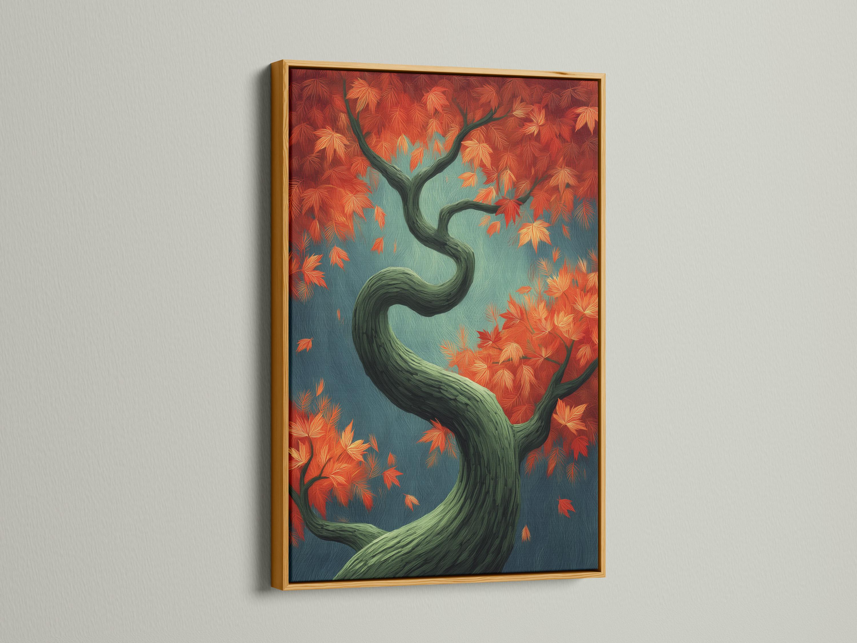 Autumn tree illustration with teal background, orange and red leaves, and a dark green twisting trunk detail view