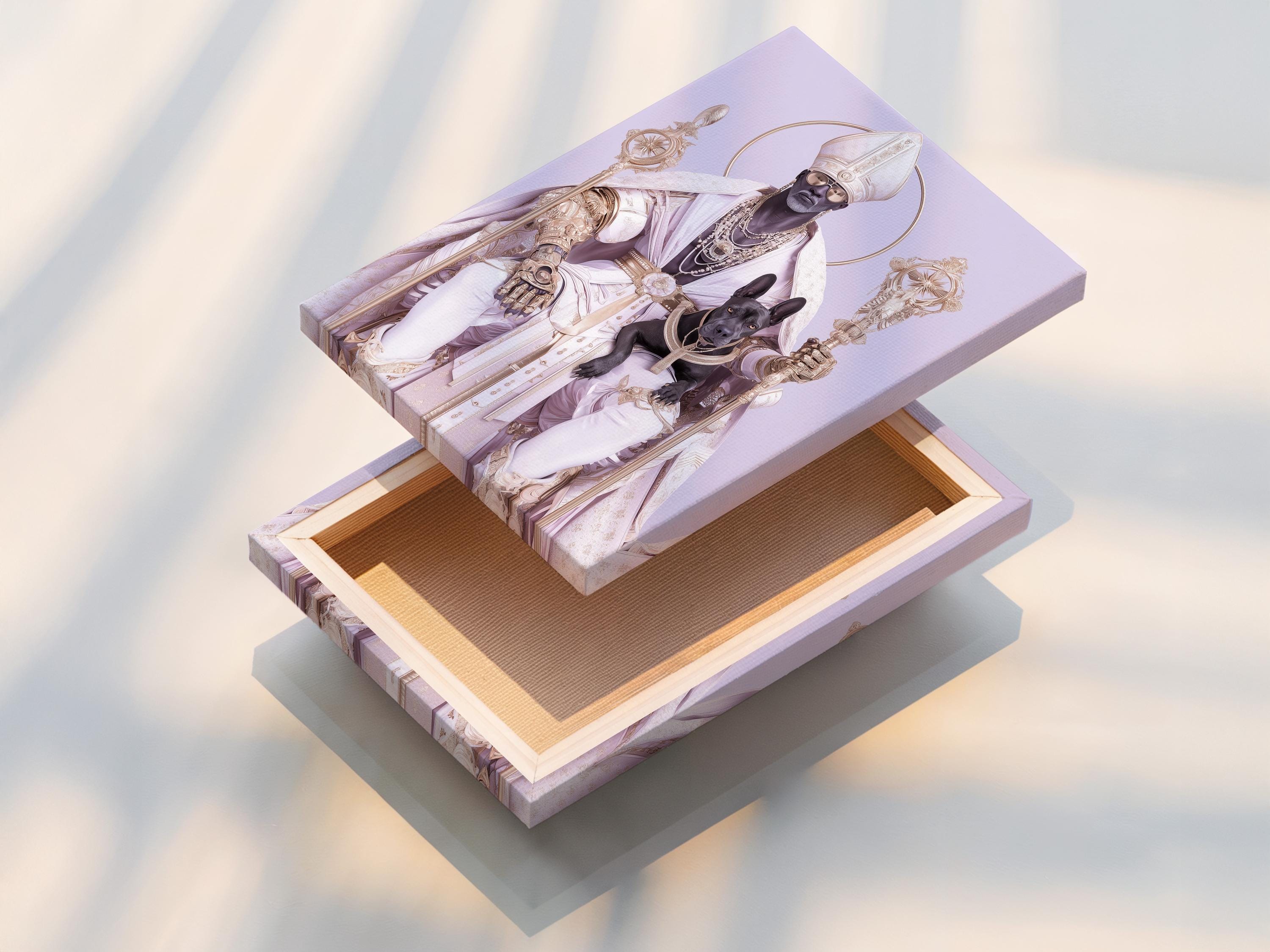 Regal robed figure with halo ring and black dog on a lavender background with gold ornaments detail view
