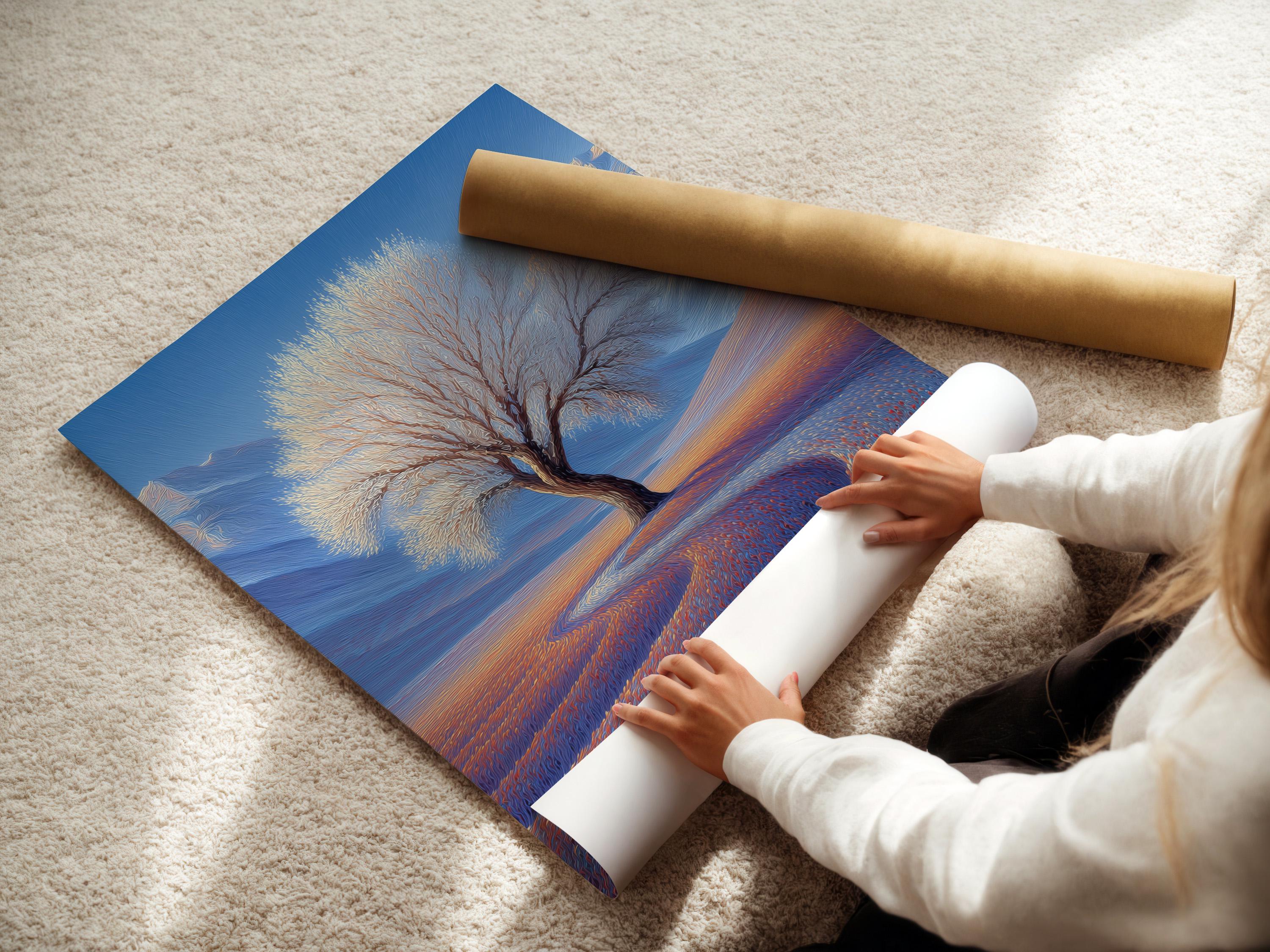 Lone leafless tree in a blue winter landscape with snowy hills and a warm orange horizon glow detail view