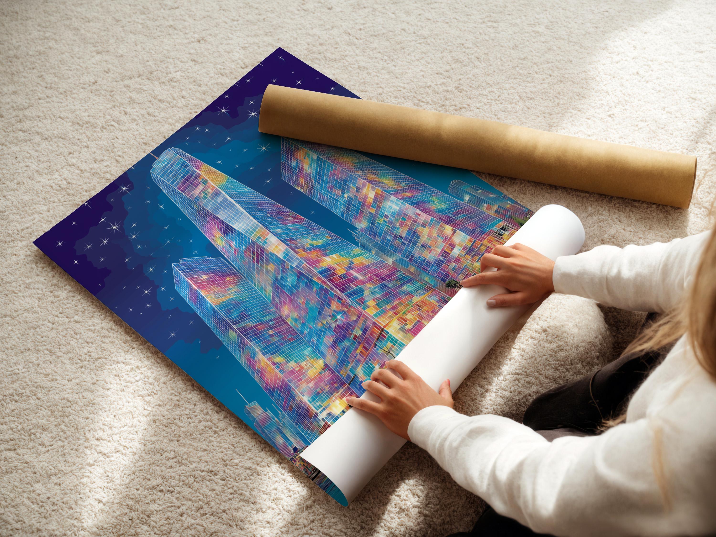 Mockup showing an artwork of a colourful abstract city skyline with skyscrapers and starry sky