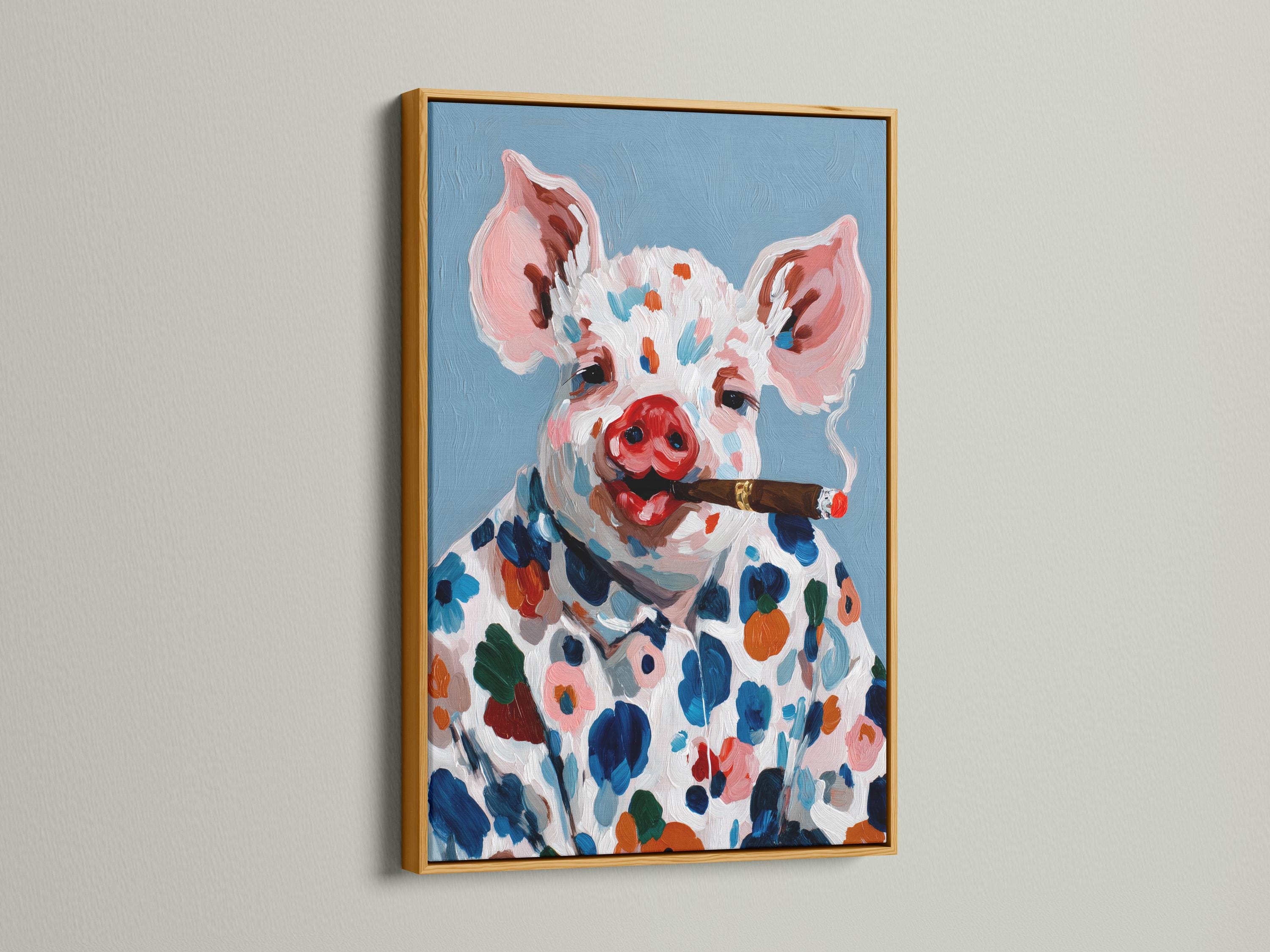 Painted pig portrait holding a cigar, with colourful floral and leaf shapes on a blue background detail view
