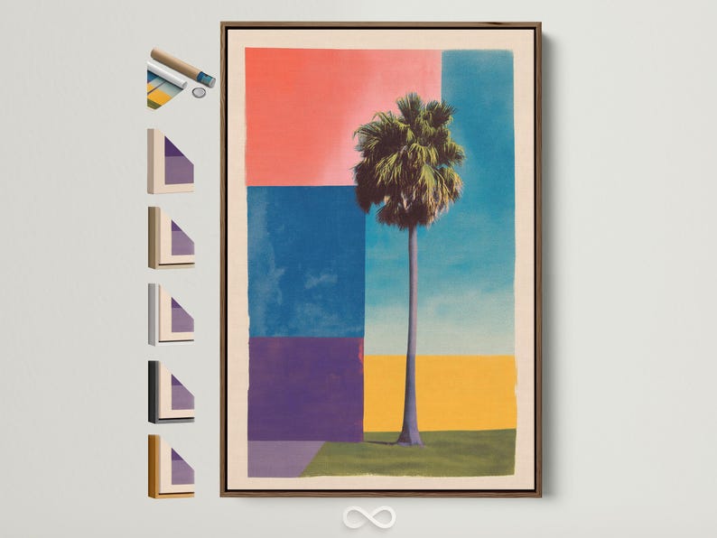 Retro geometric palm tree artwork with coral sky and turquoise blue blocks