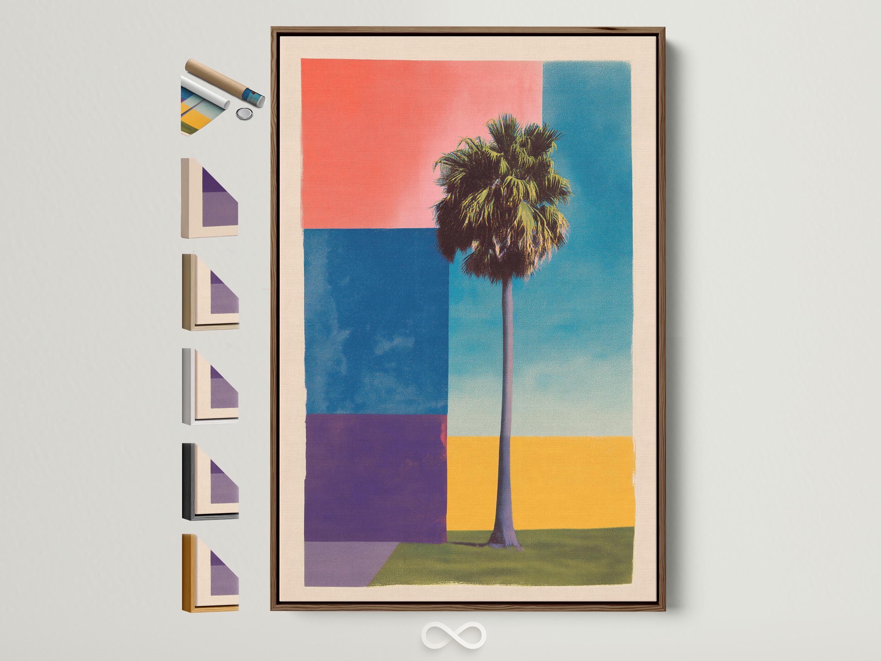 Retro geometric palm tree artwork with coral sky and turquoise blue blocks