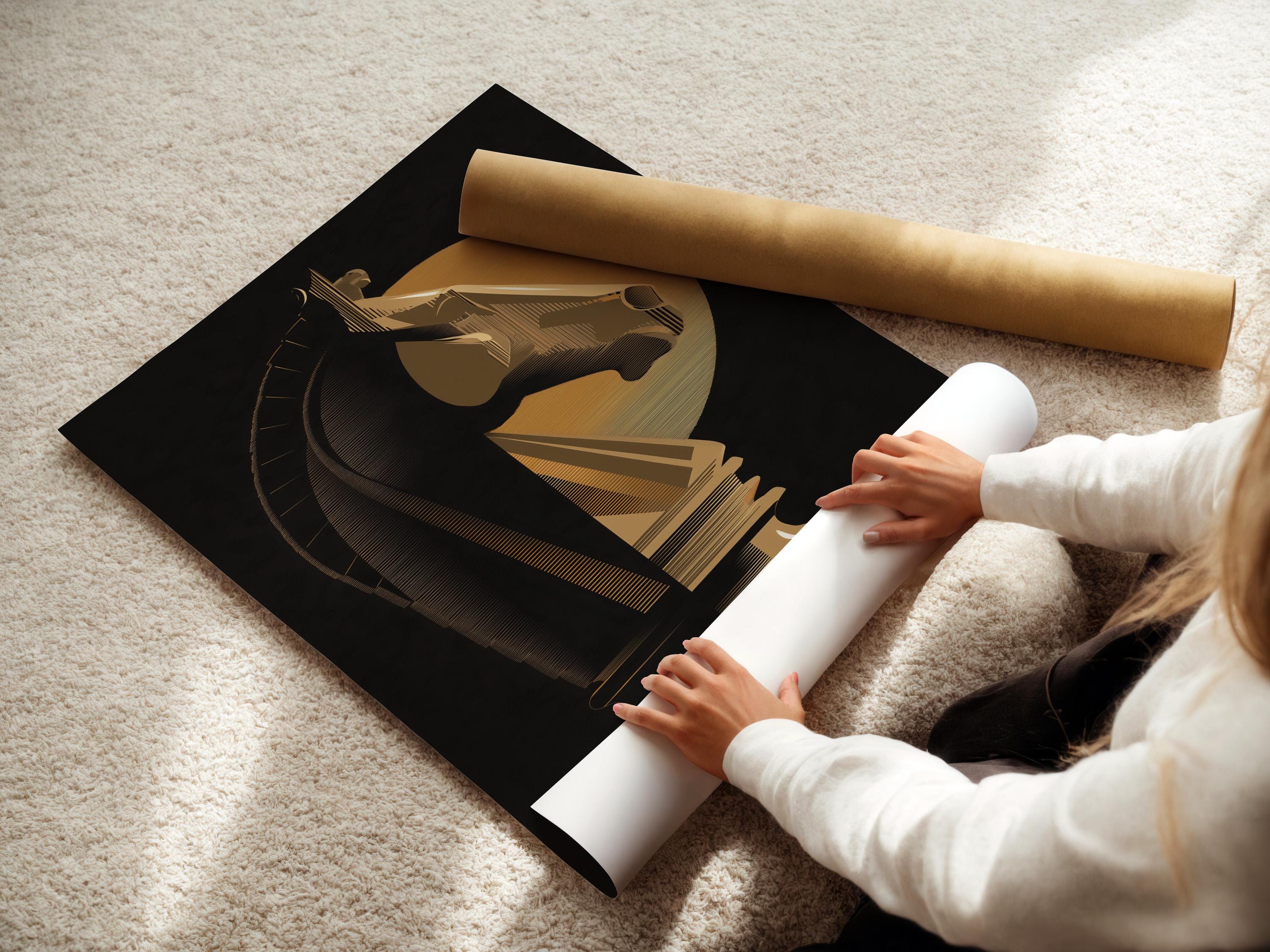 Black and gold chess knight design with curved striped bands detail view