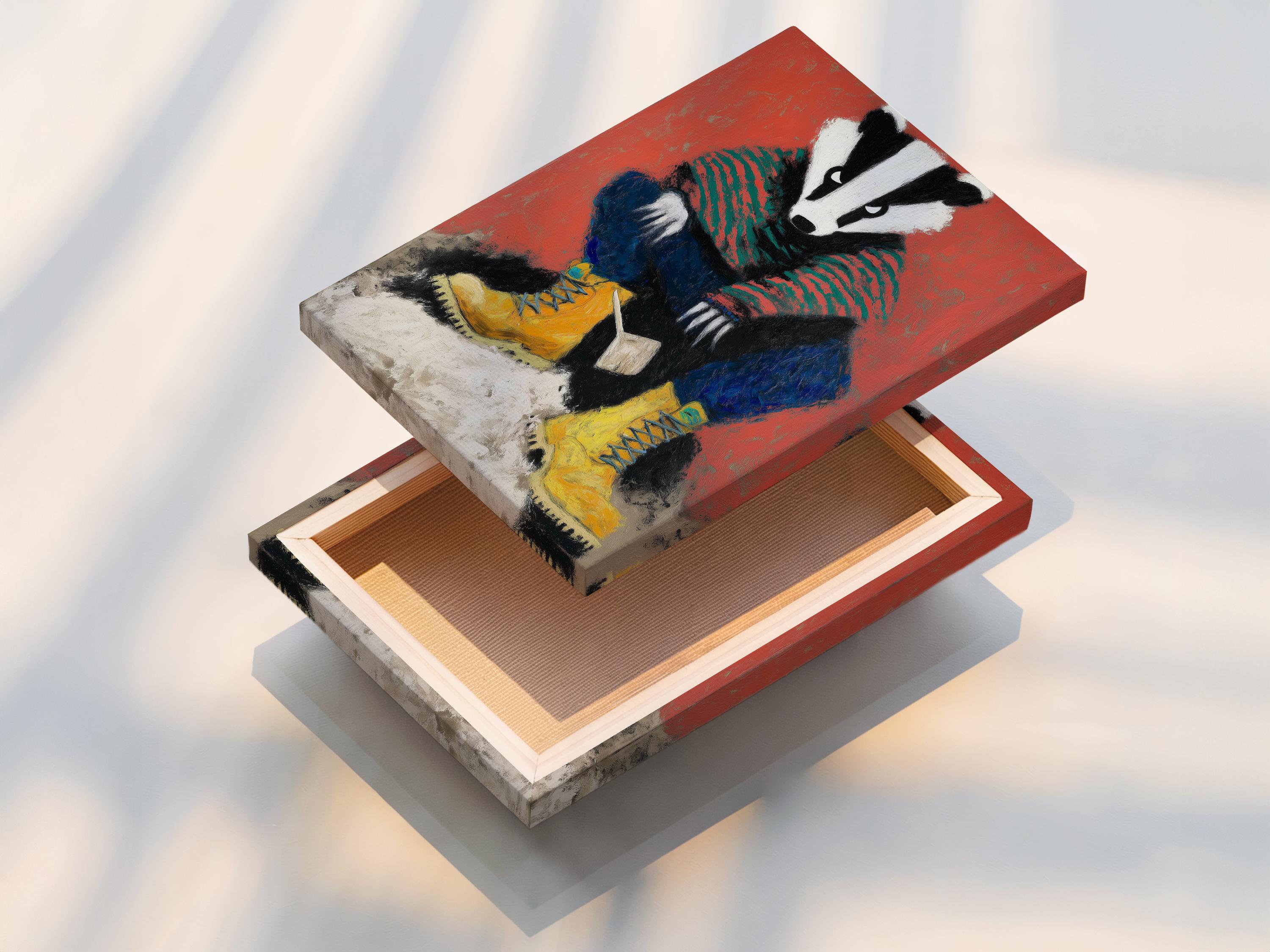A stylised badger portrait fills the centre, with bold coral-red stripes and blue-and-yellow clothing-like shapes beneath a folk-art colour palette