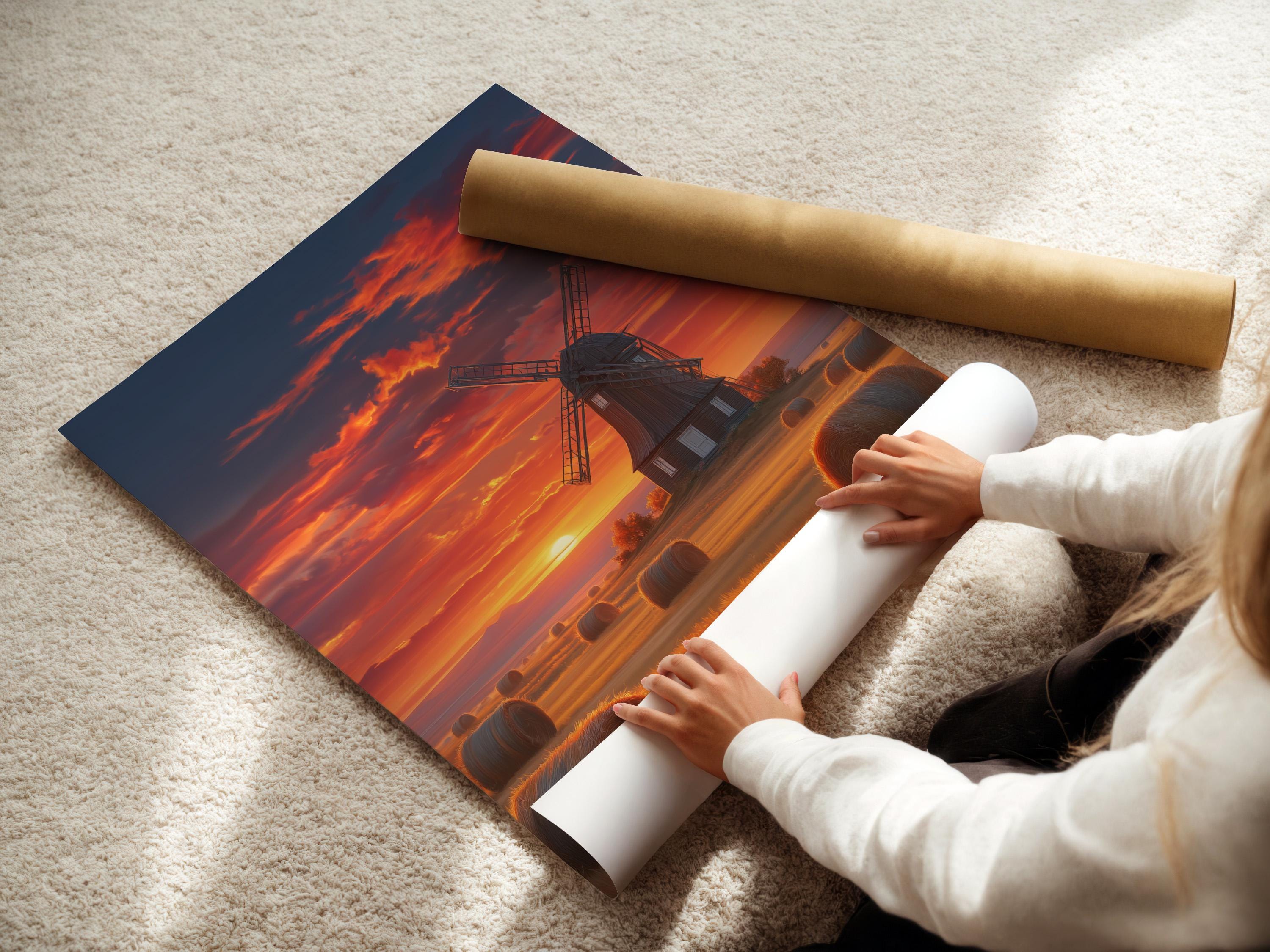 Windmill in a countryside landscape under a glowing sunset sky with hay bales detail view
