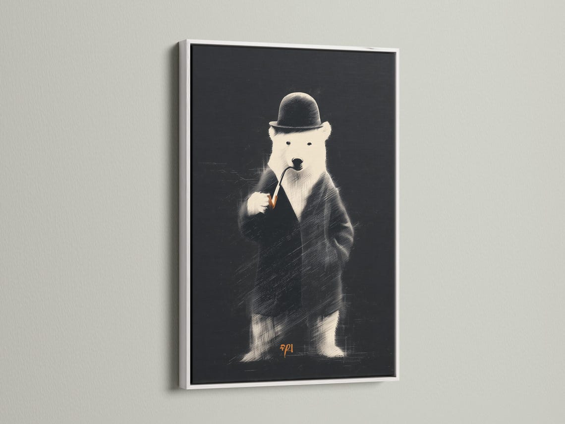 Monochrome polar bear portrait wearing a dark hat and jacket against a textured black background detail view