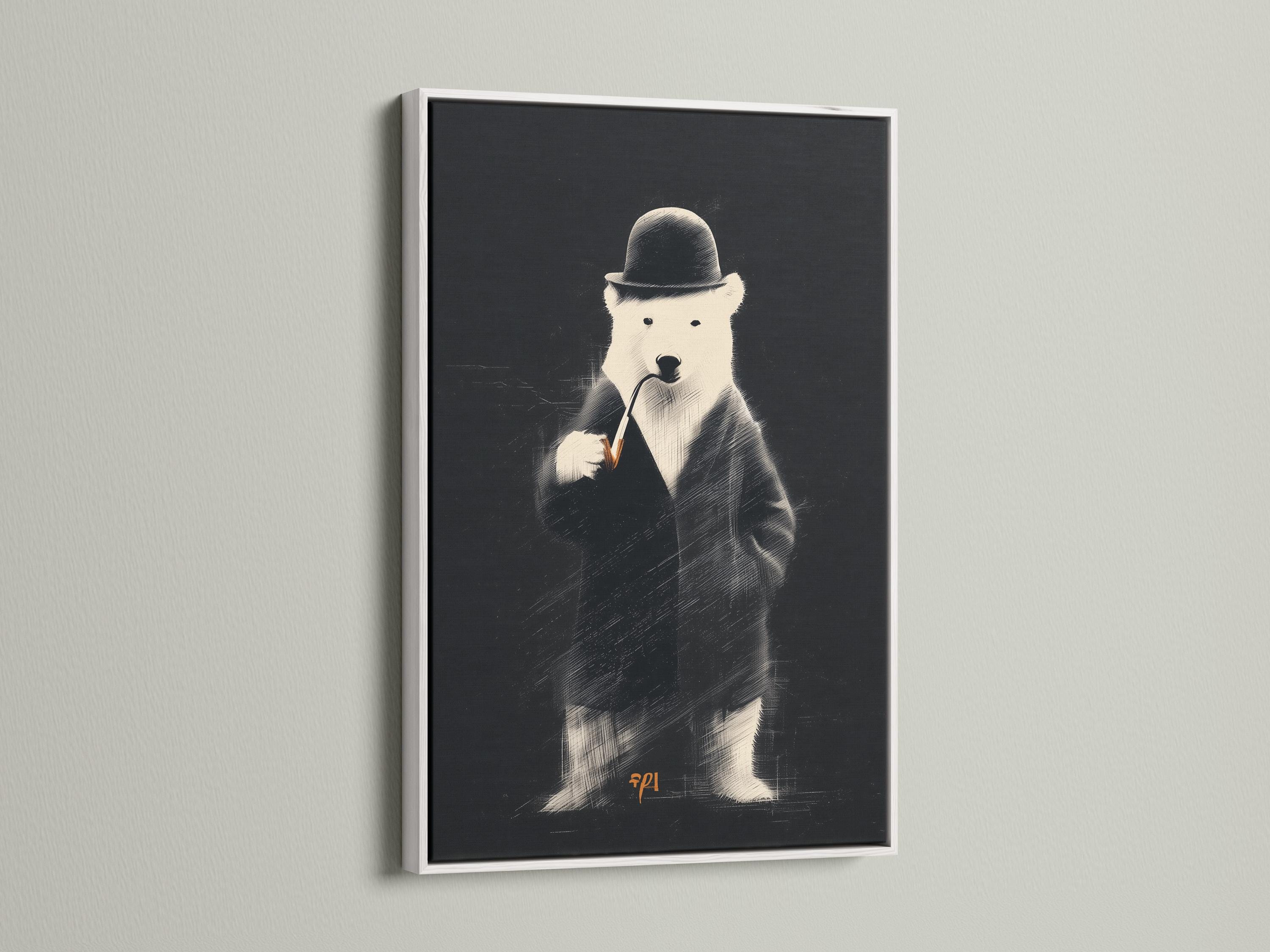 Monochrome polar bear portrait wearing a dark hat and jacket against a textured black background detail view