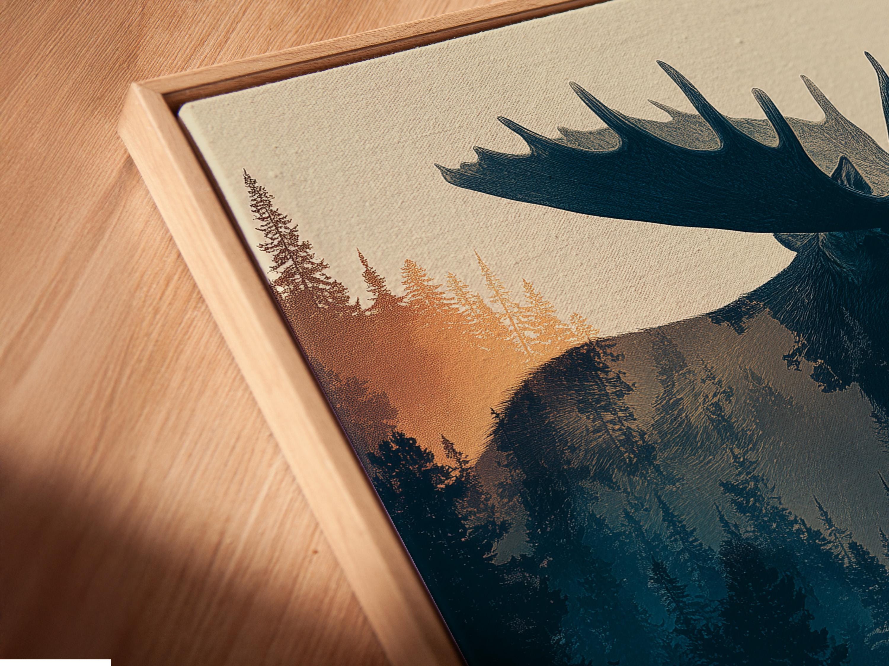 Moose silhouette in a misty pine forest with birds and a stream waterfall detail view