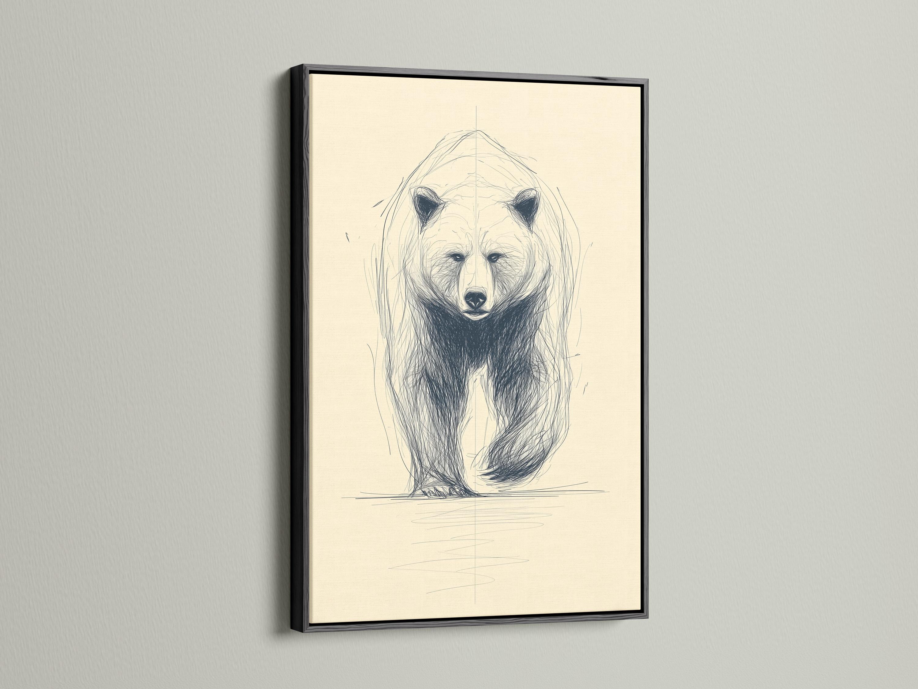 Minimalist sketch of a bear face and upper body with blue-grey lines on a cream background detail view