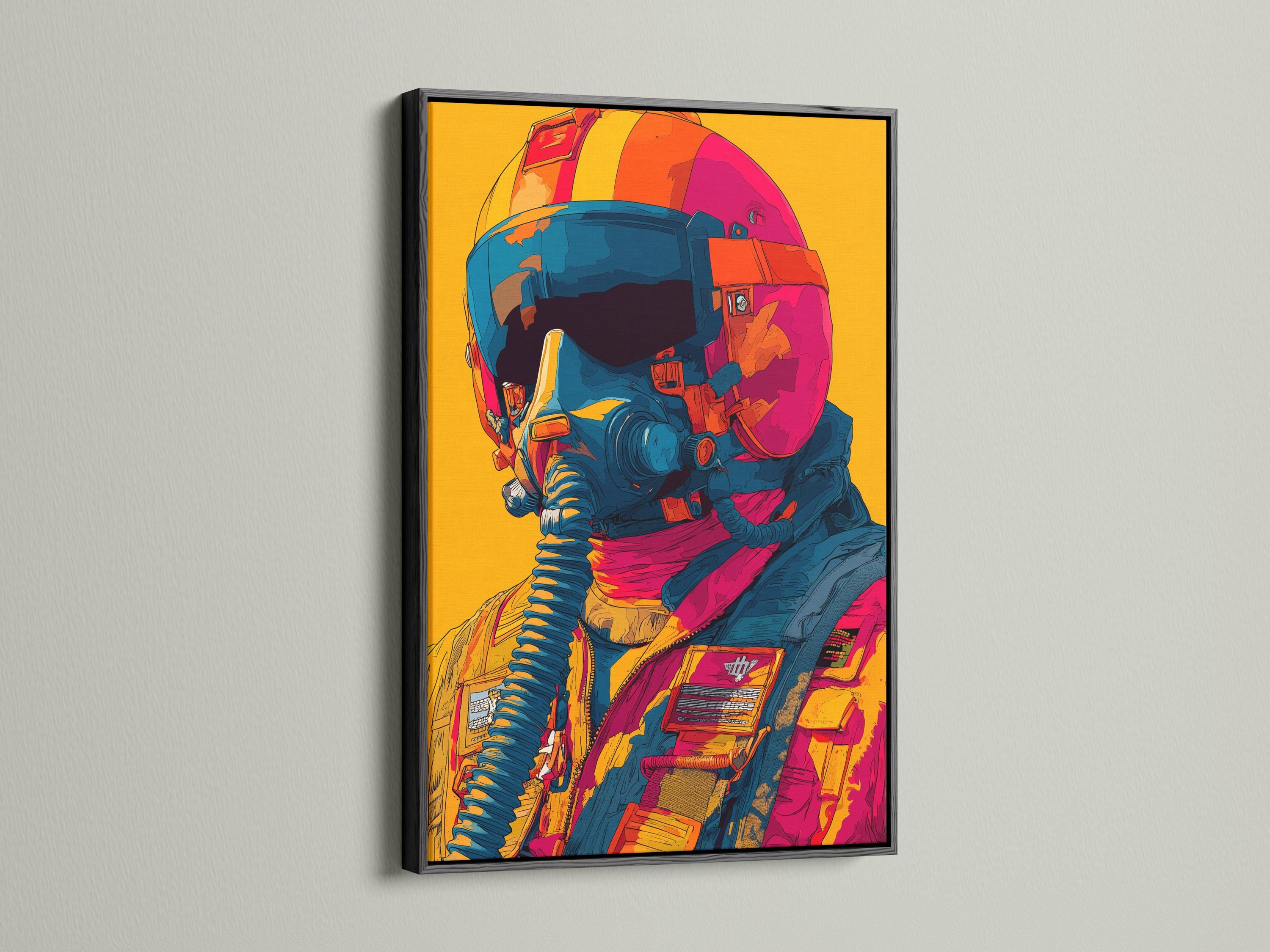 Mockup showing a framed retro pilot wall artwork with teal, orange and hot pink colours on a yellow background