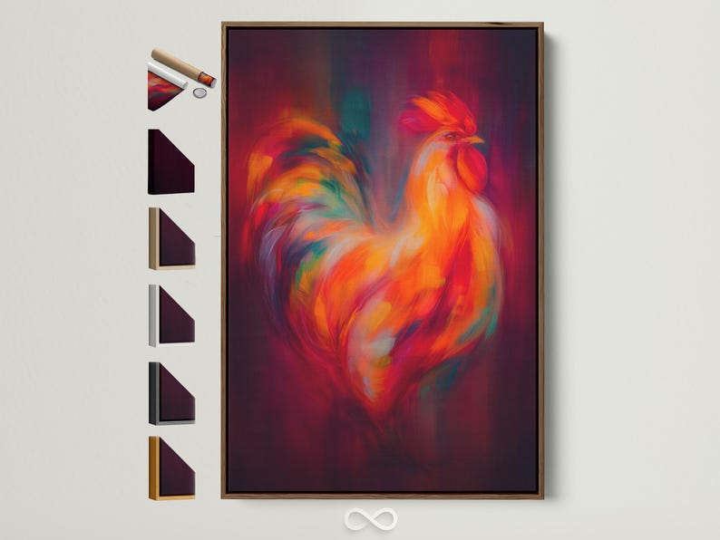 A stylised rooster portrait in vibrant orange and red with a deep purple background