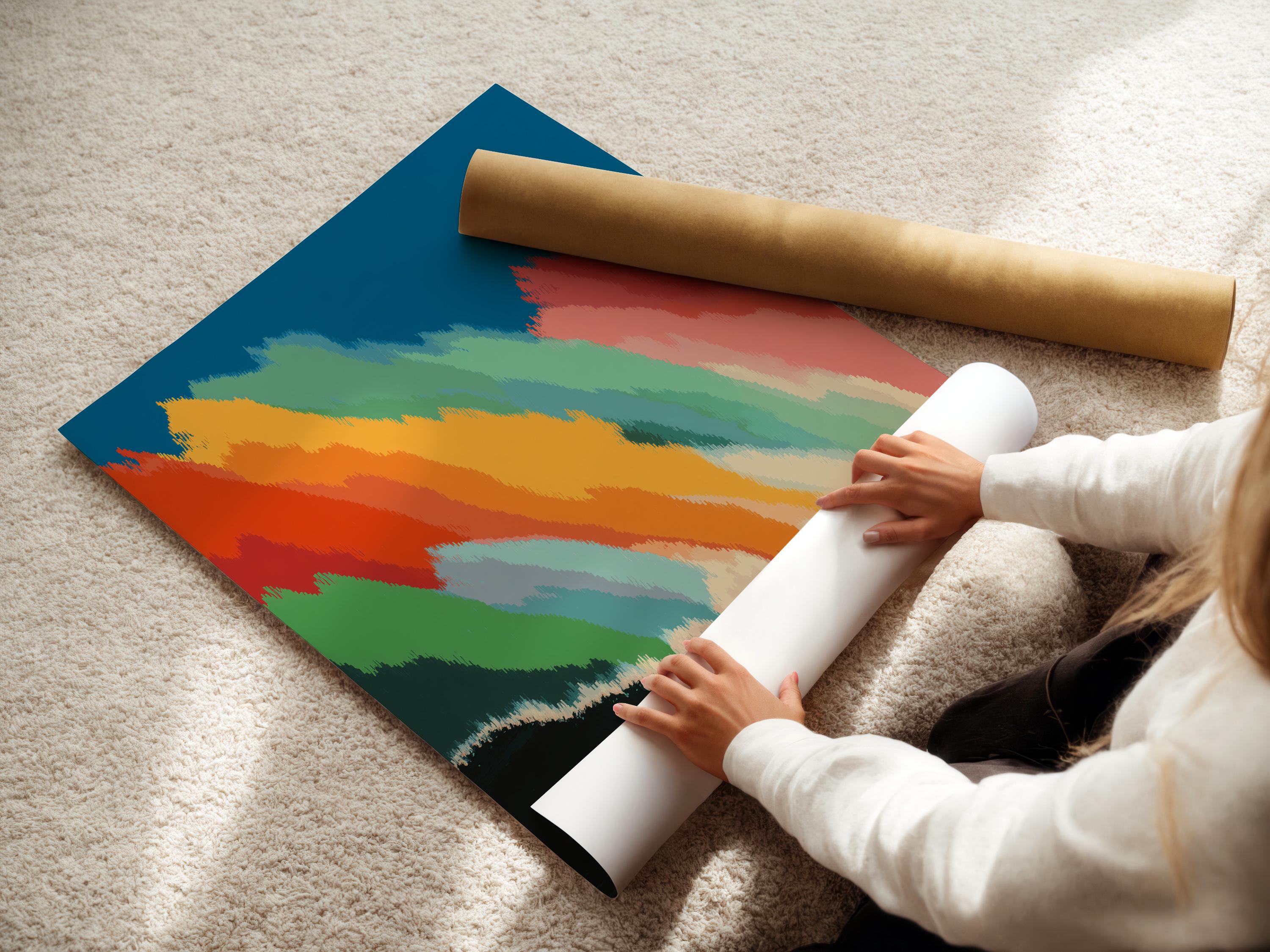 Rainbow-striped ocean wave with a surfer silhouette riding near the bottom right detail view