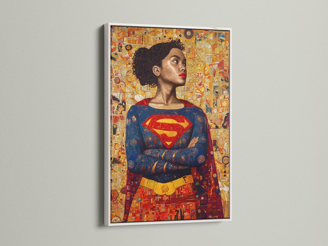 Room mockup showing a framed artwork of a superhero woman portrait on a wall