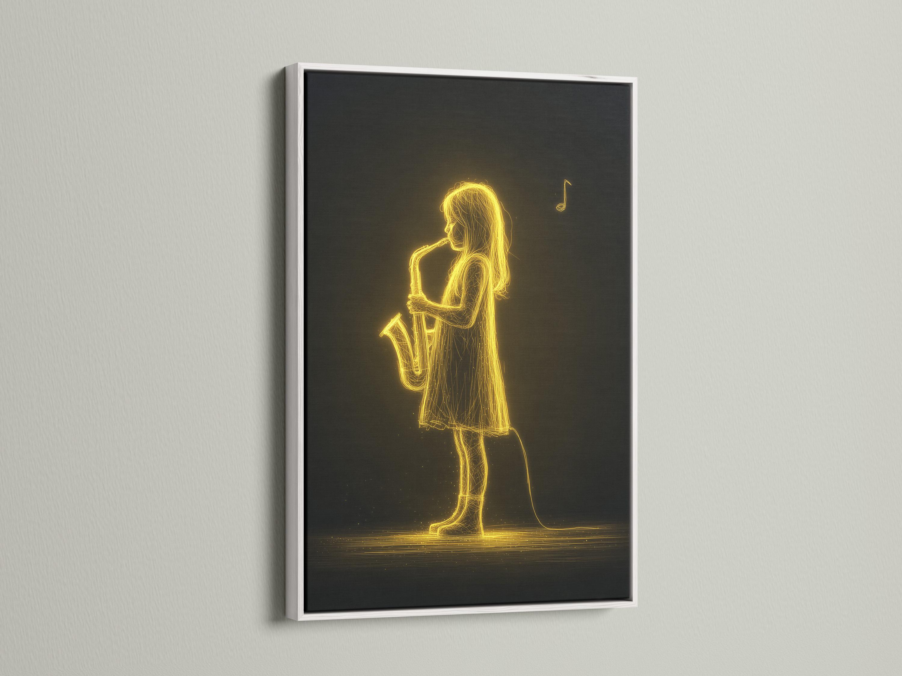 Neon gold line drawing of a saxophone player musician against a dark background with a floating music note detail view