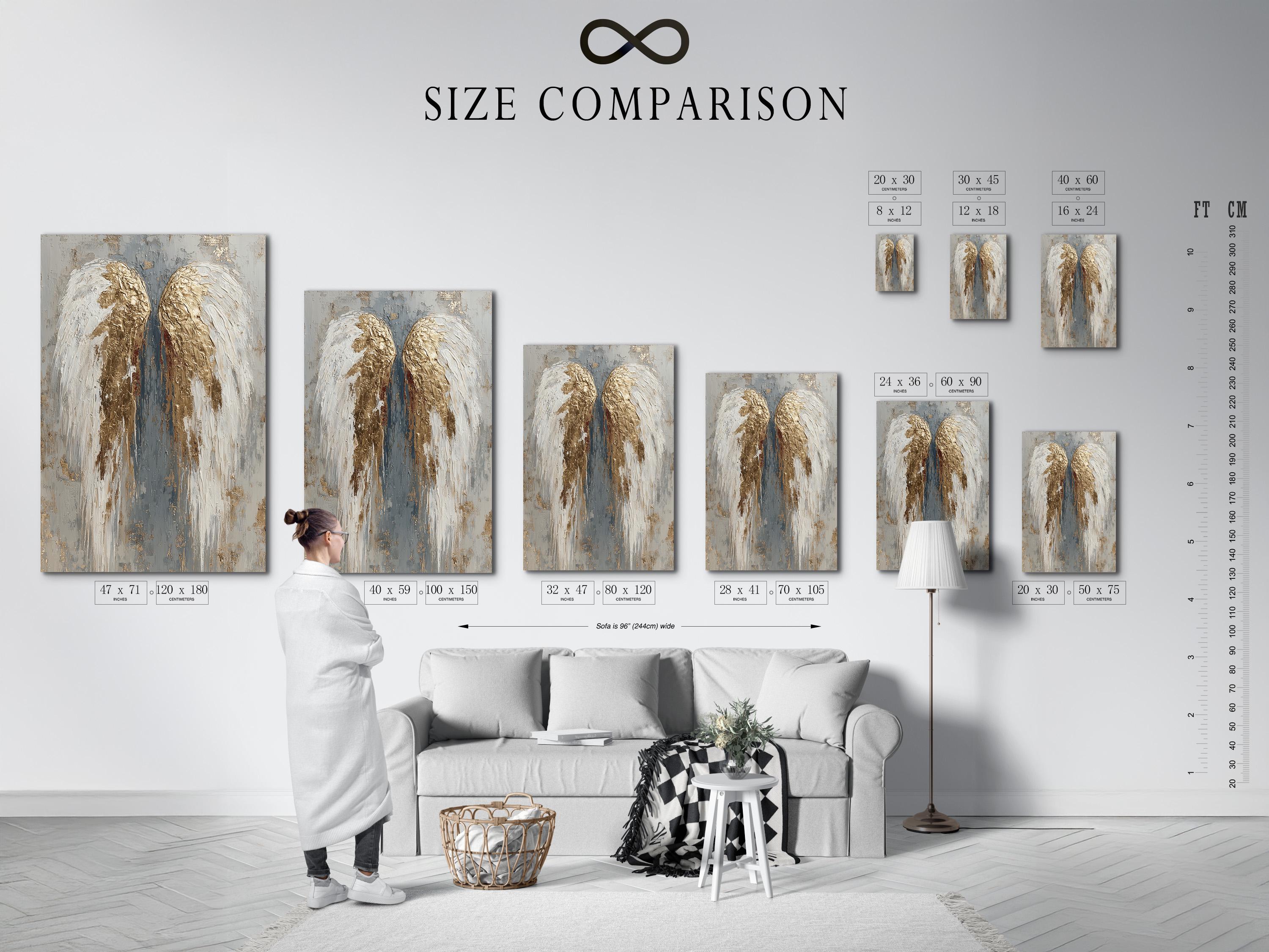An angel-wing motif is shown symmetrically in layered white, grey and gold leaf-like tones, set against a textured neutral background detail view