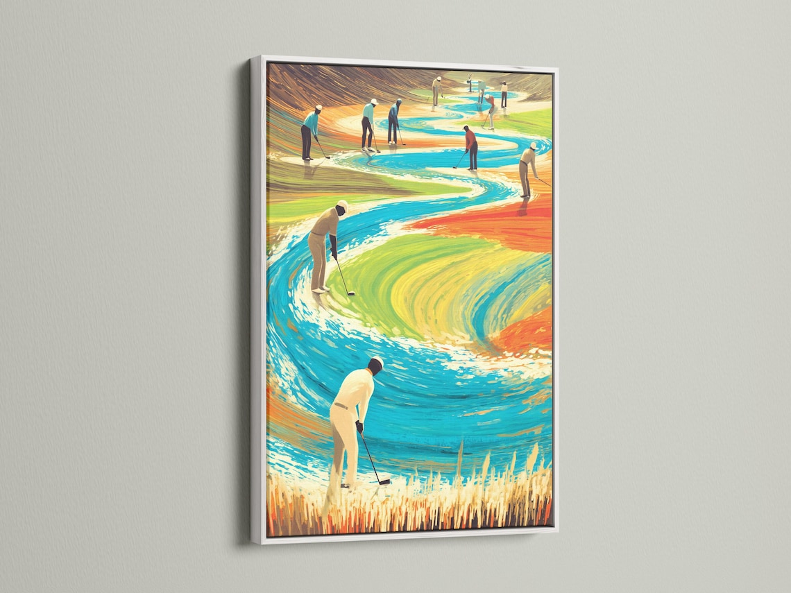 Surreal golf course scene with stylised golfers and a winding blue water channel detail view