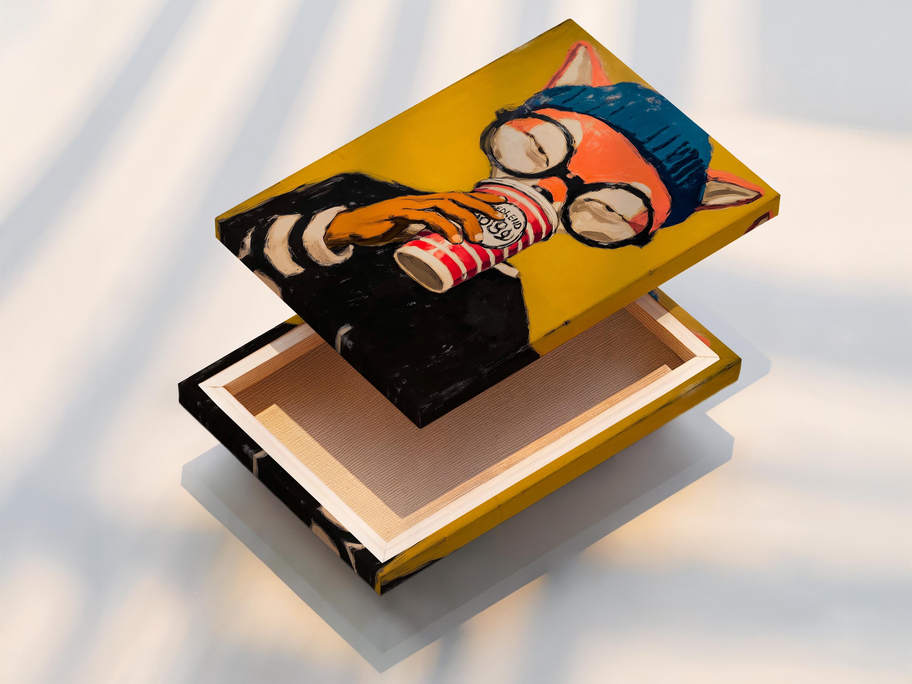 Stylised fox portrait wearing round glasses and a blue beanie, holding a red-and-white striped cup detail view