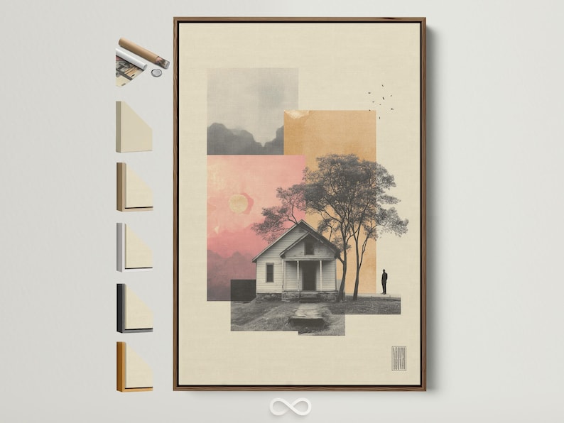 Minimal abstract portrait landscape with a small house, trees, and layered beige and pink sky blocks