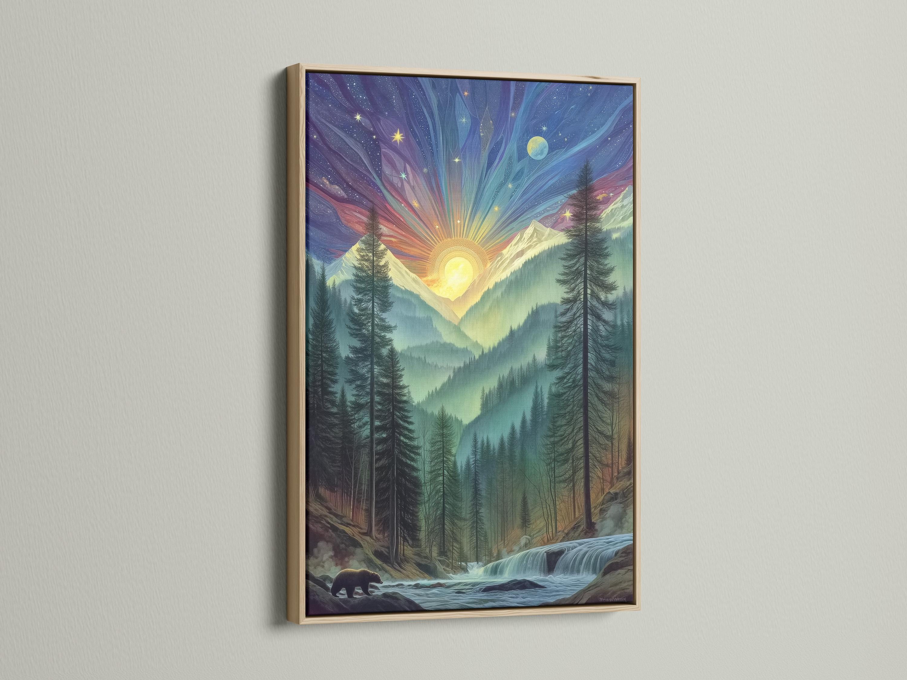 Framed mystical forest sunrise artwork mockup