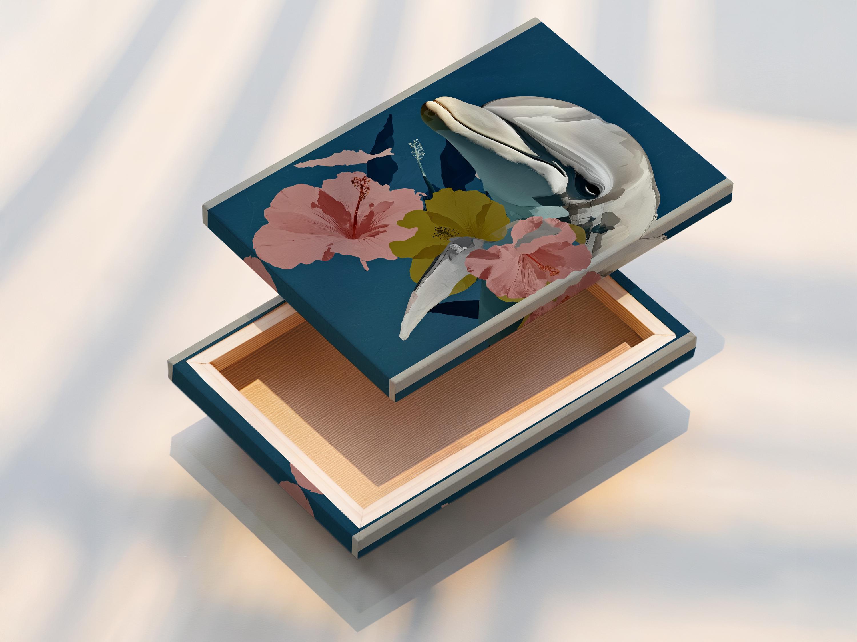 Dolphin in profile surrounded by large pink hibiscus flowers on a teal-blue background detail view