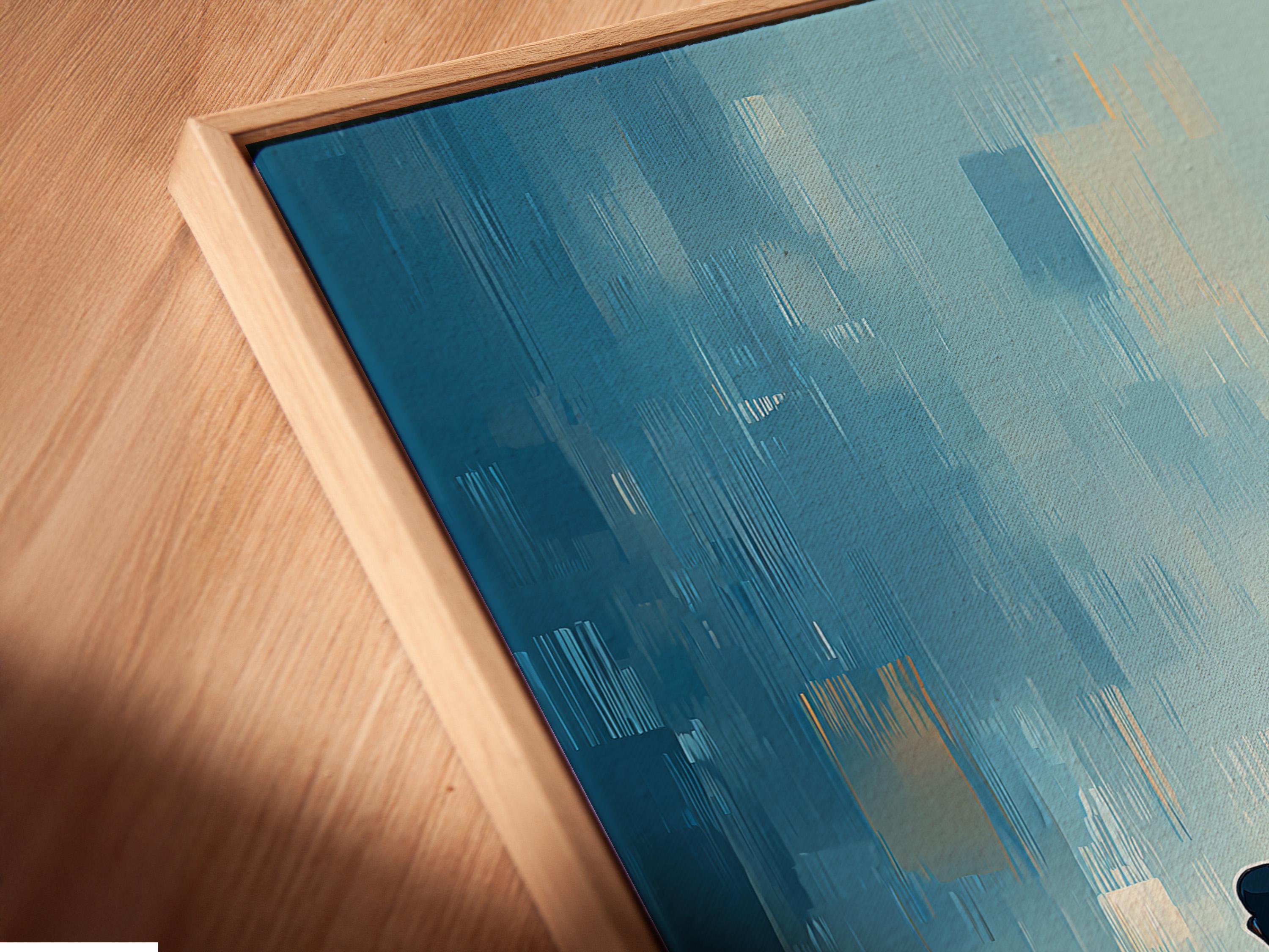 Framed artwork mockup showing stylised runners on a blue city-like background