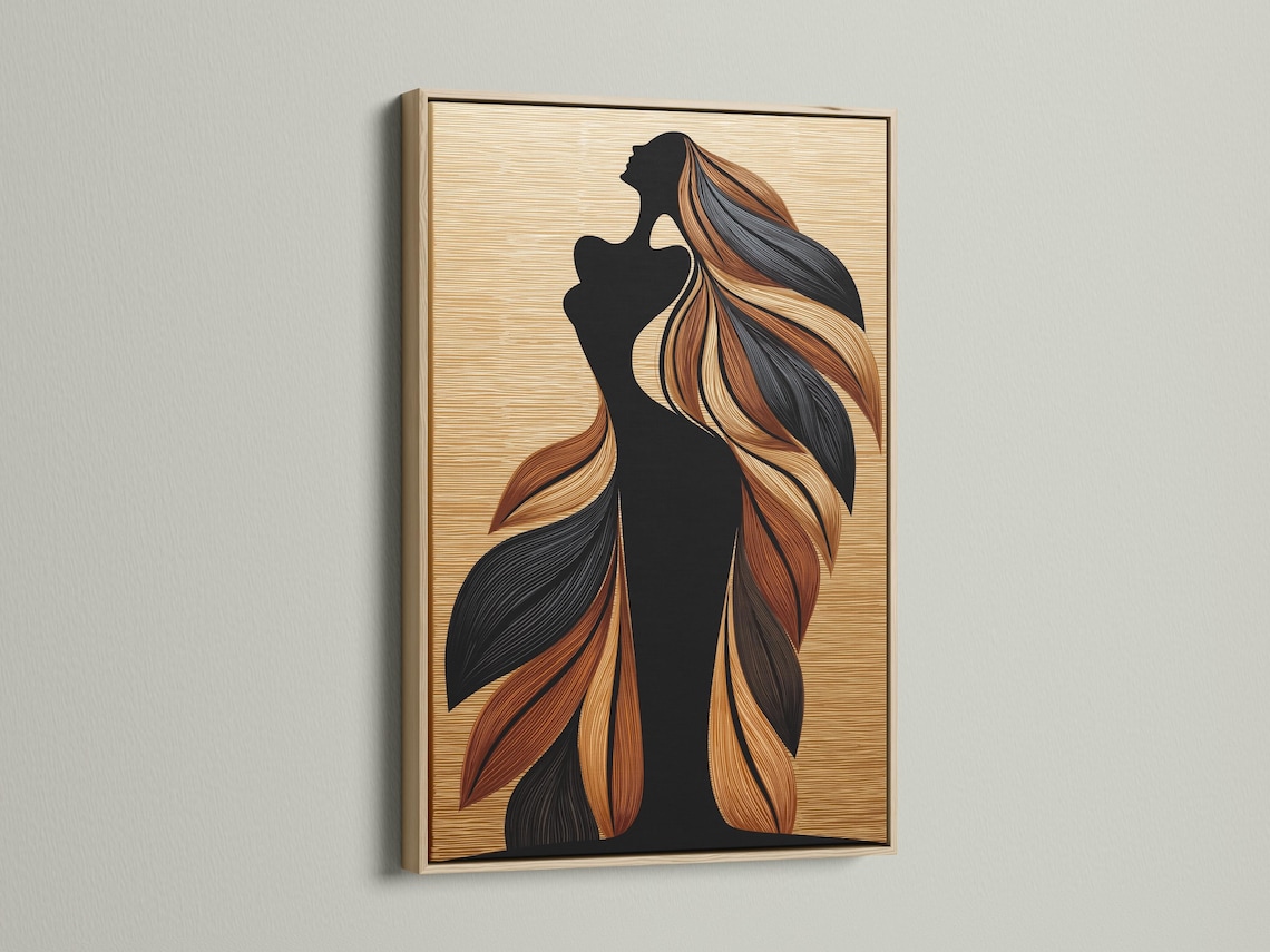 Black woman silhouette in profile with flowing feather-like hair in tan and rust tones on a beige striped background detail view