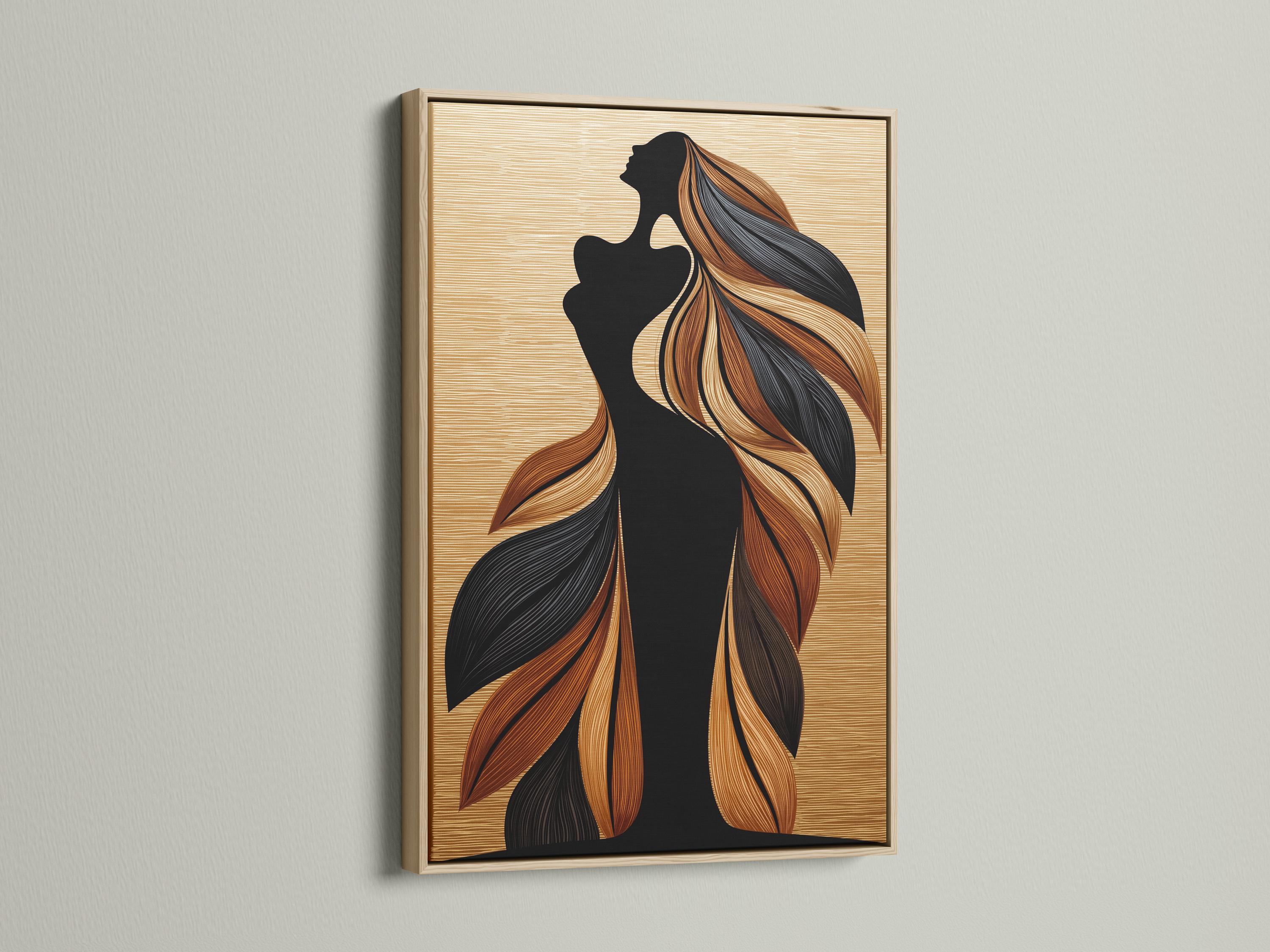 Black woman silhouette in profile with flowing feather-like hair in tan and rust tones on a beige striped background detail view
