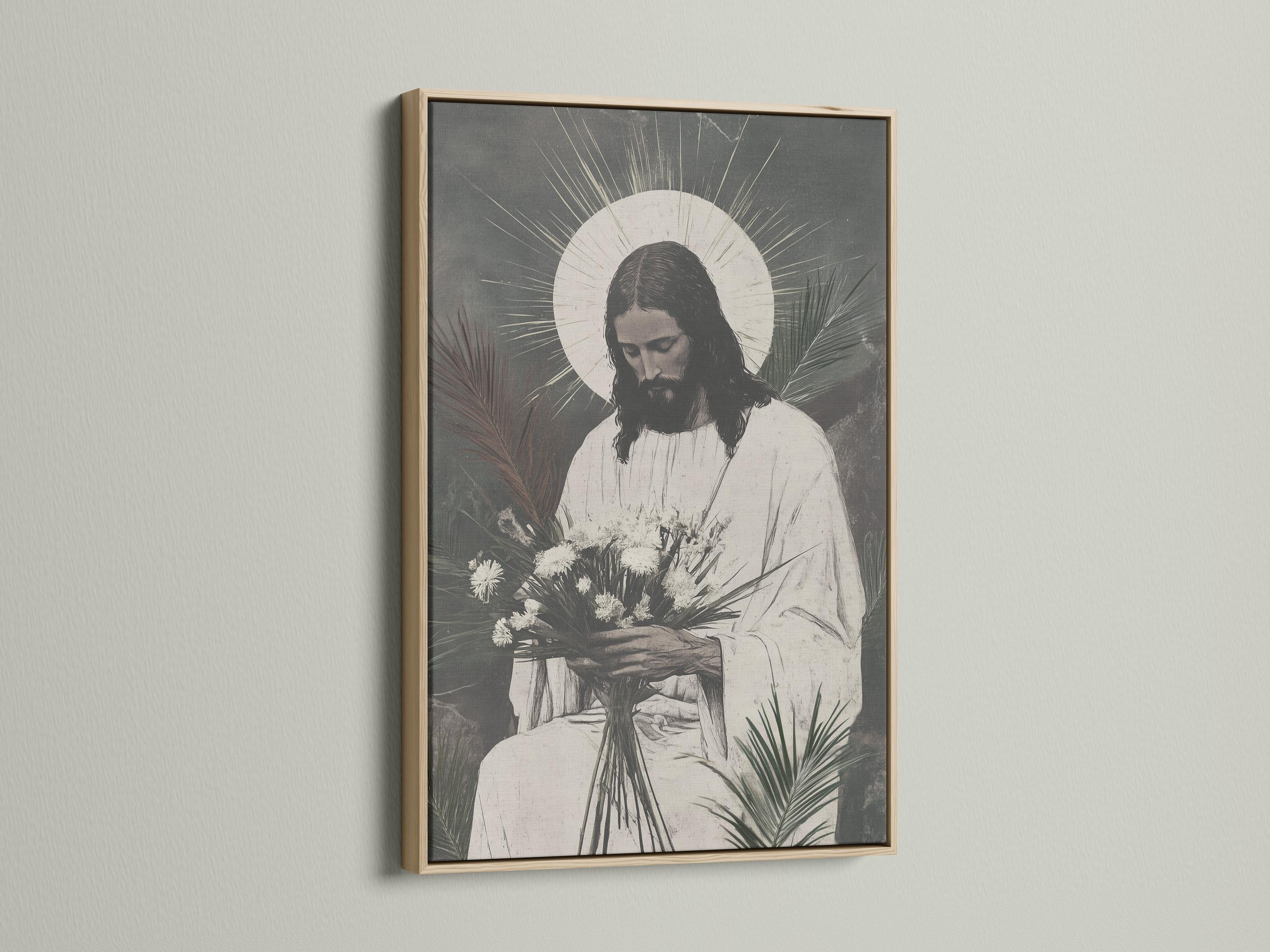 A monochrome illustration of Jesus seated and looking down, framed by a halo, with botanical leaves and dandelion-like flowers at the foreground