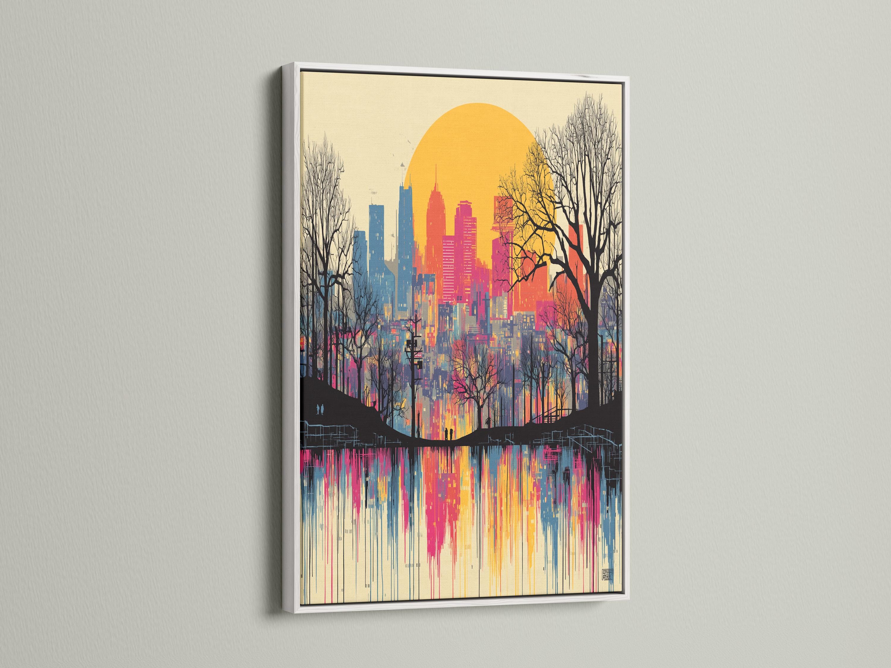 Sunset city skyline artwork in pink and blue with leafless trees and reflective water detail view