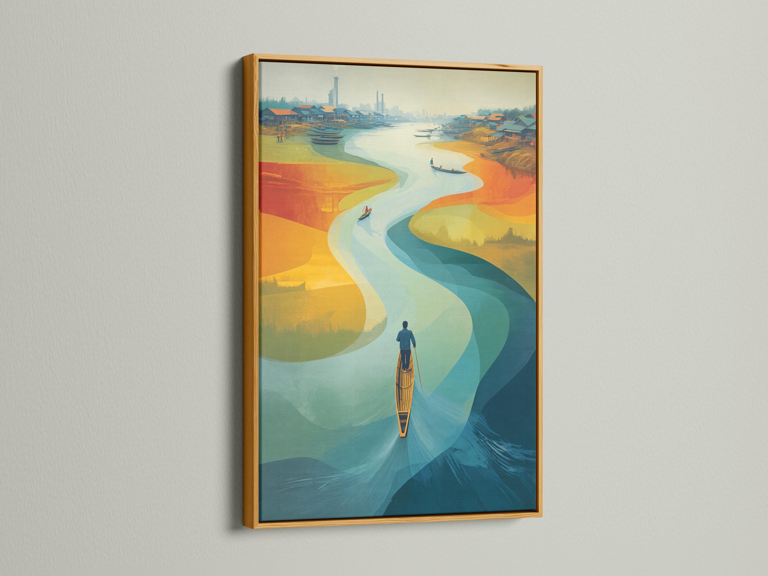 Abstract river landscape with a small boat and distant skyline, shown in blue, teal, and warm orange tones detail view