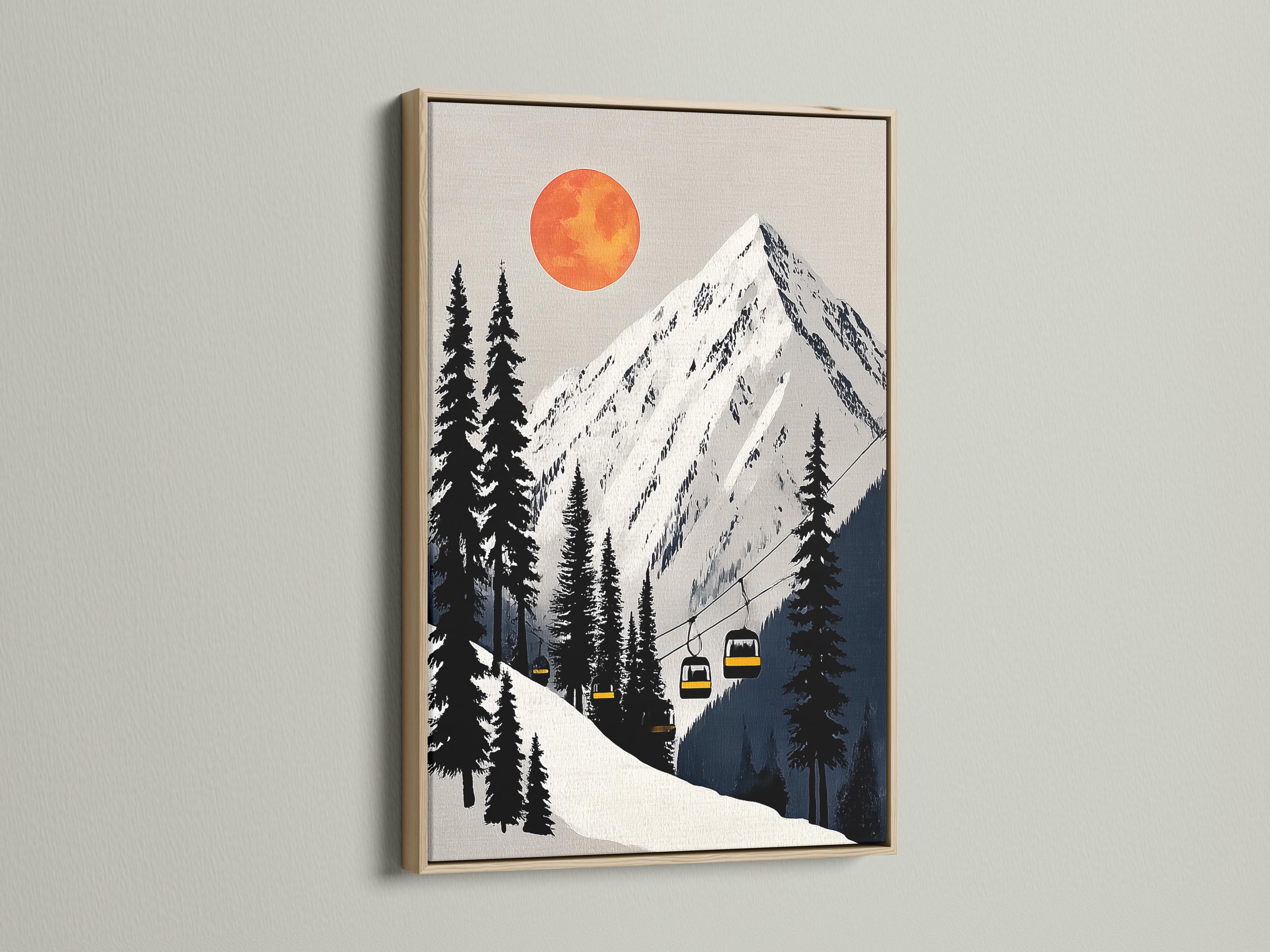 Stylised winter mountain landscape with pine trees, ski lift cables, yellow gondolas and an orange sun detail view