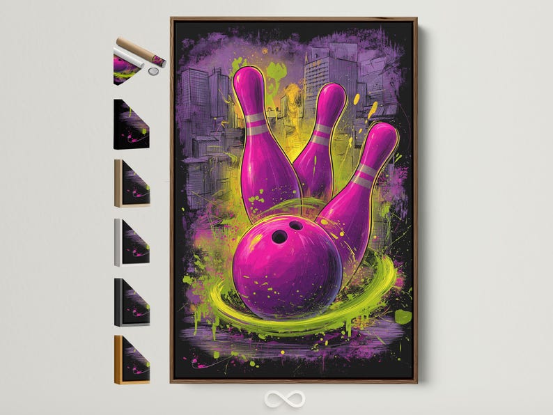Neon purple bowling pins and ball with lime-green graffiti splashes over a city skyline