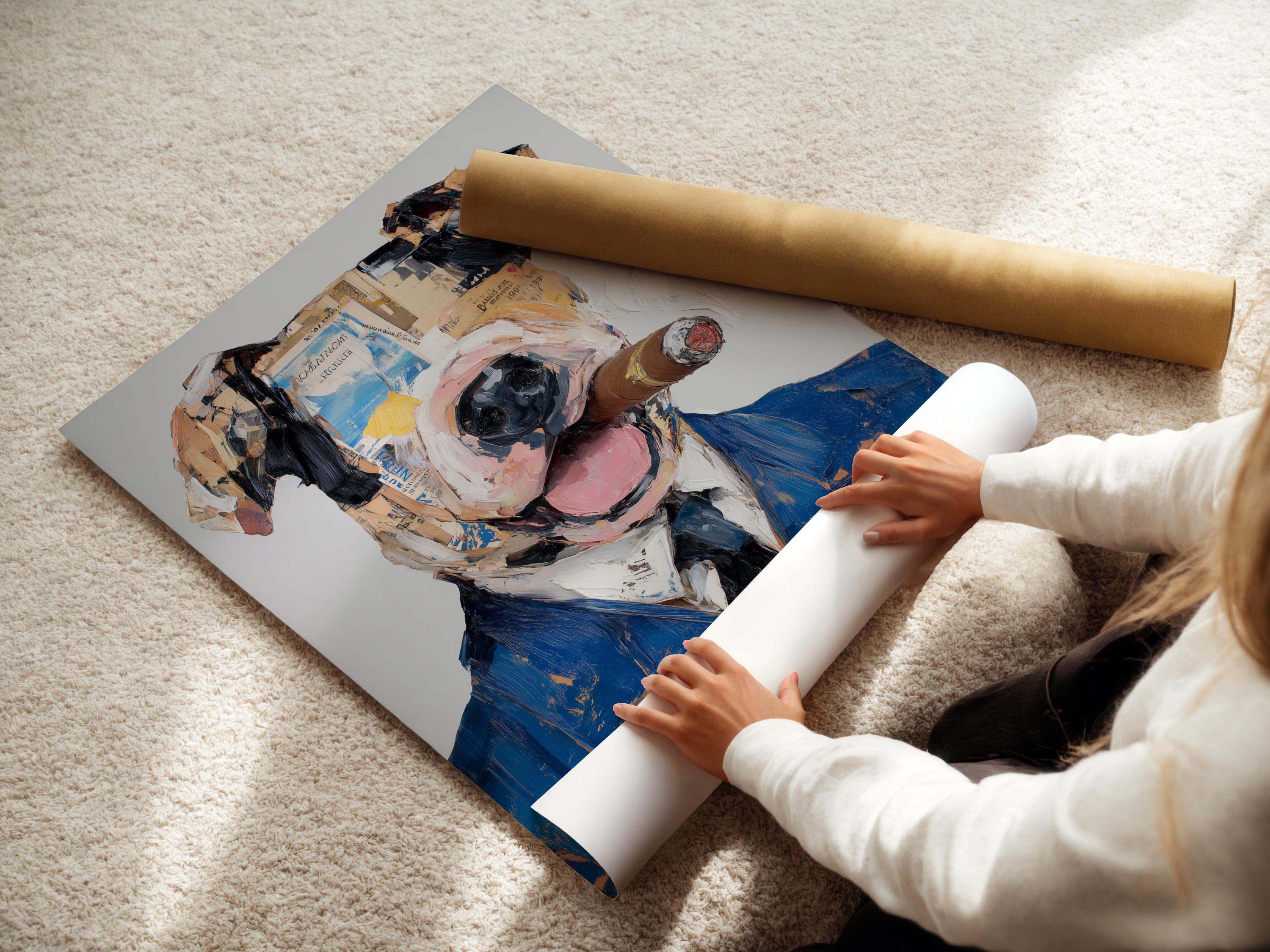 Stylised dog portrait in a blue suit with painterly collage-like texture detail view