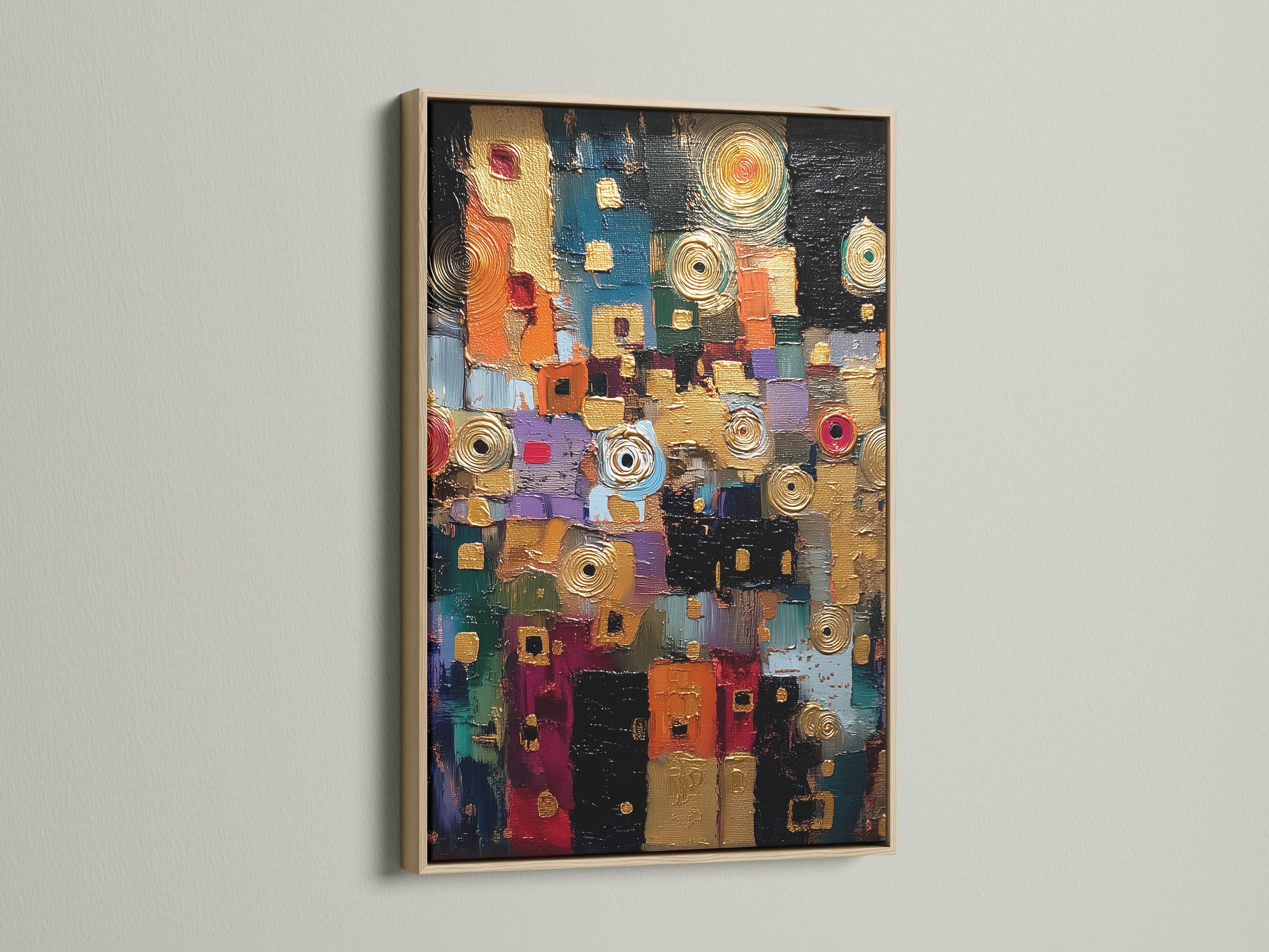 Abstract geometric artwork with gold spiral circles and colourful teal, red and purple blocks on a dark background detail view