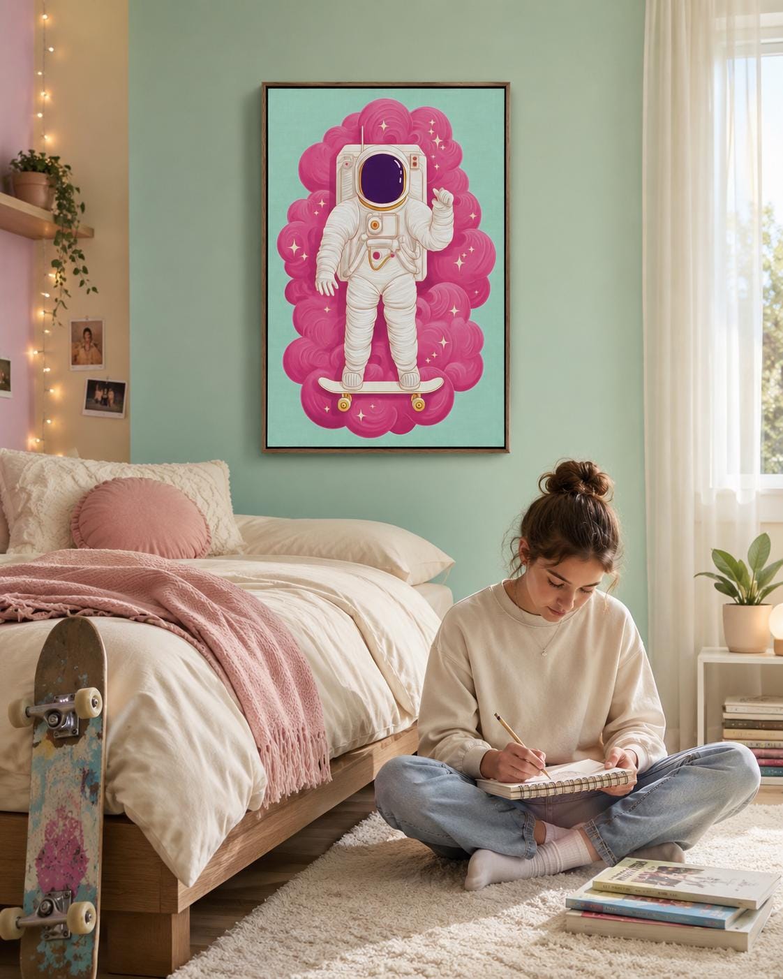 Cartoon astronaut standing on a skateboard with a hot pink cloud swirl background detail view
