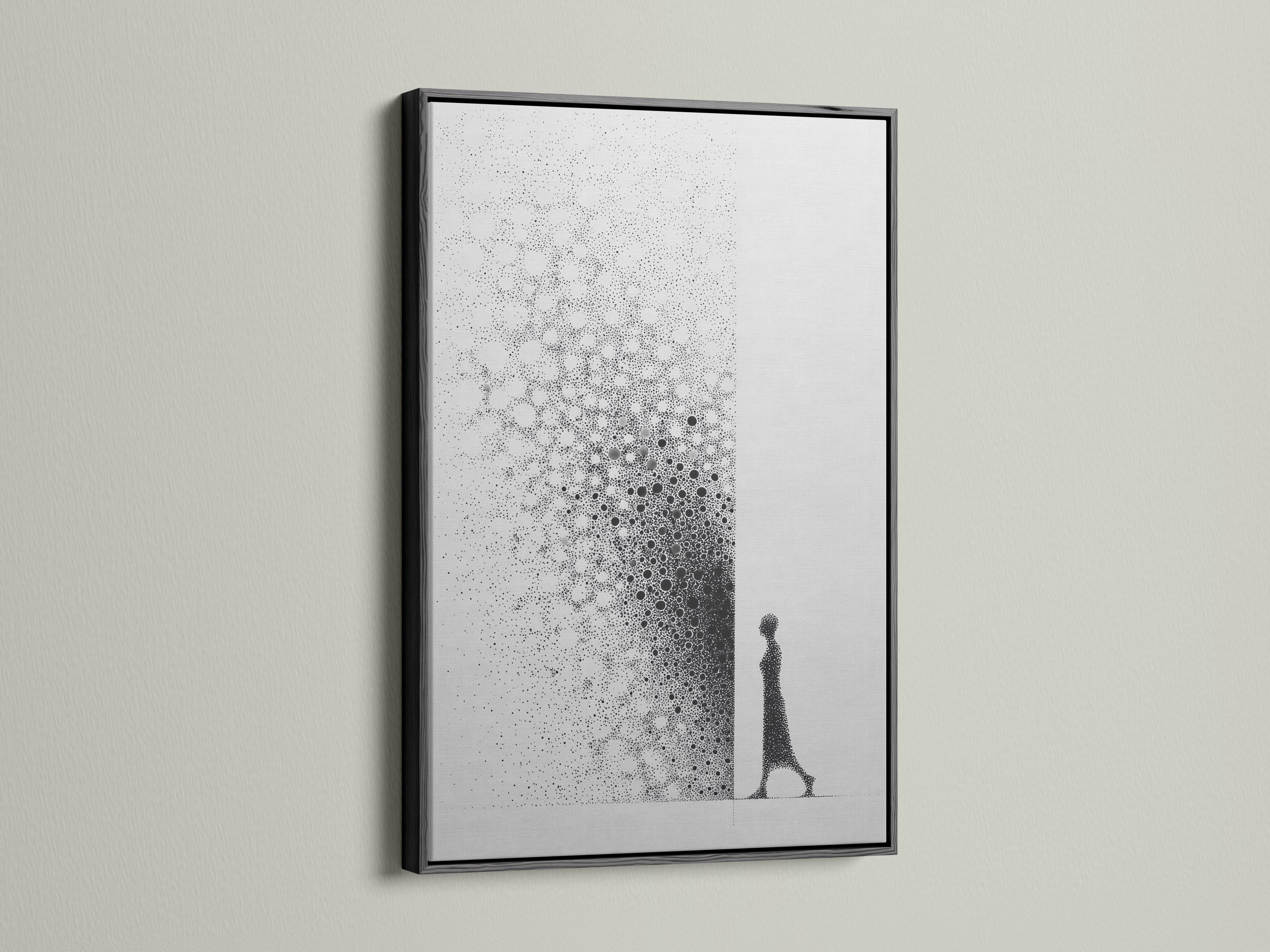 Monochrome abstract artwork with speckled dot clusters and an elongated figure silhouette detail view