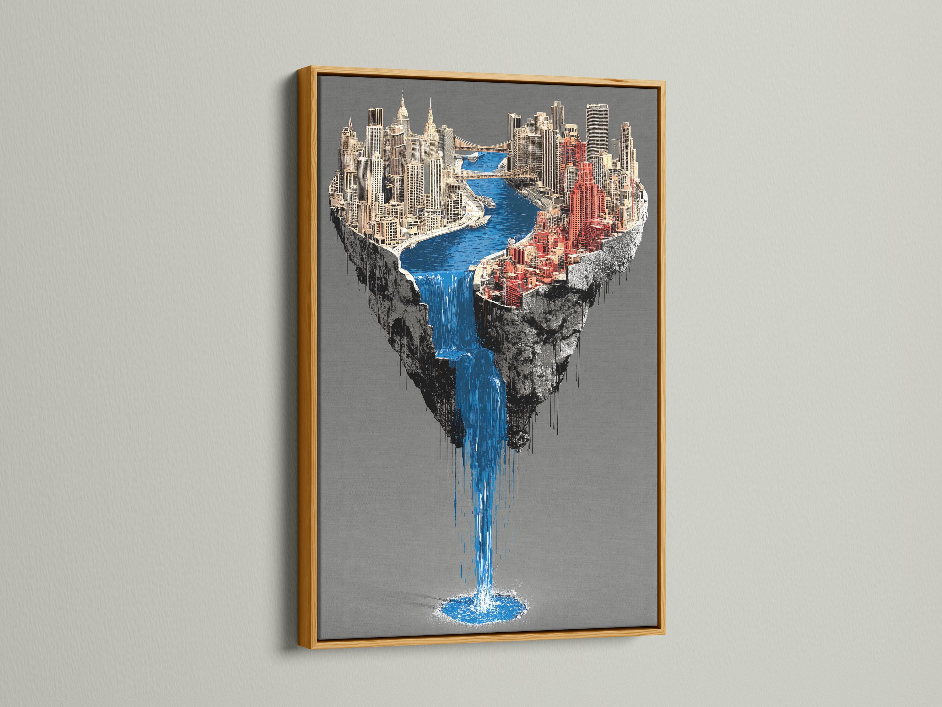 Surreal city skyline with a bright blue waterfall spilling down a floating island detail view