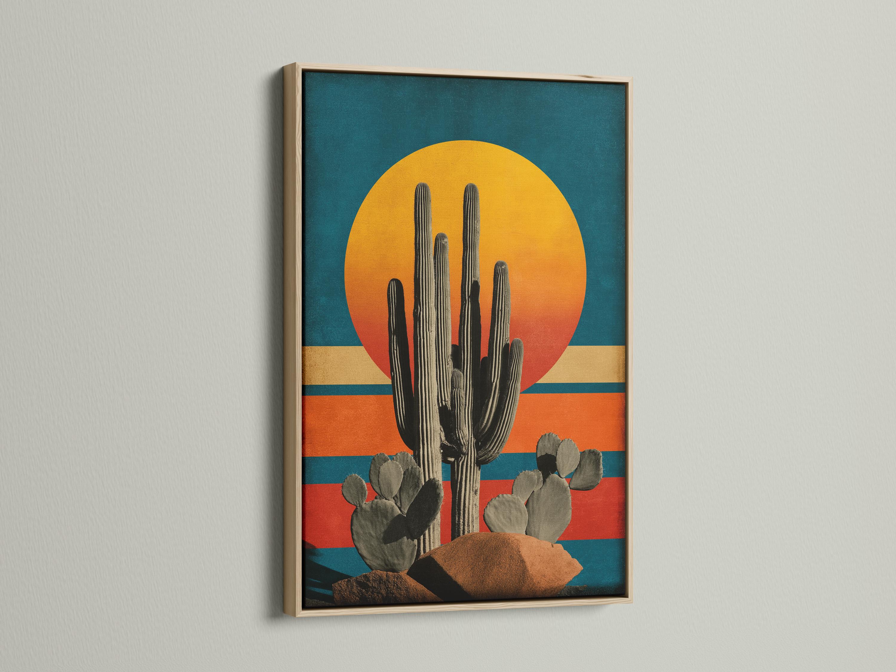 Illustration of a tall cactus with rounded pads beneath a large golden sun over teal and terracotta stripes detail view
