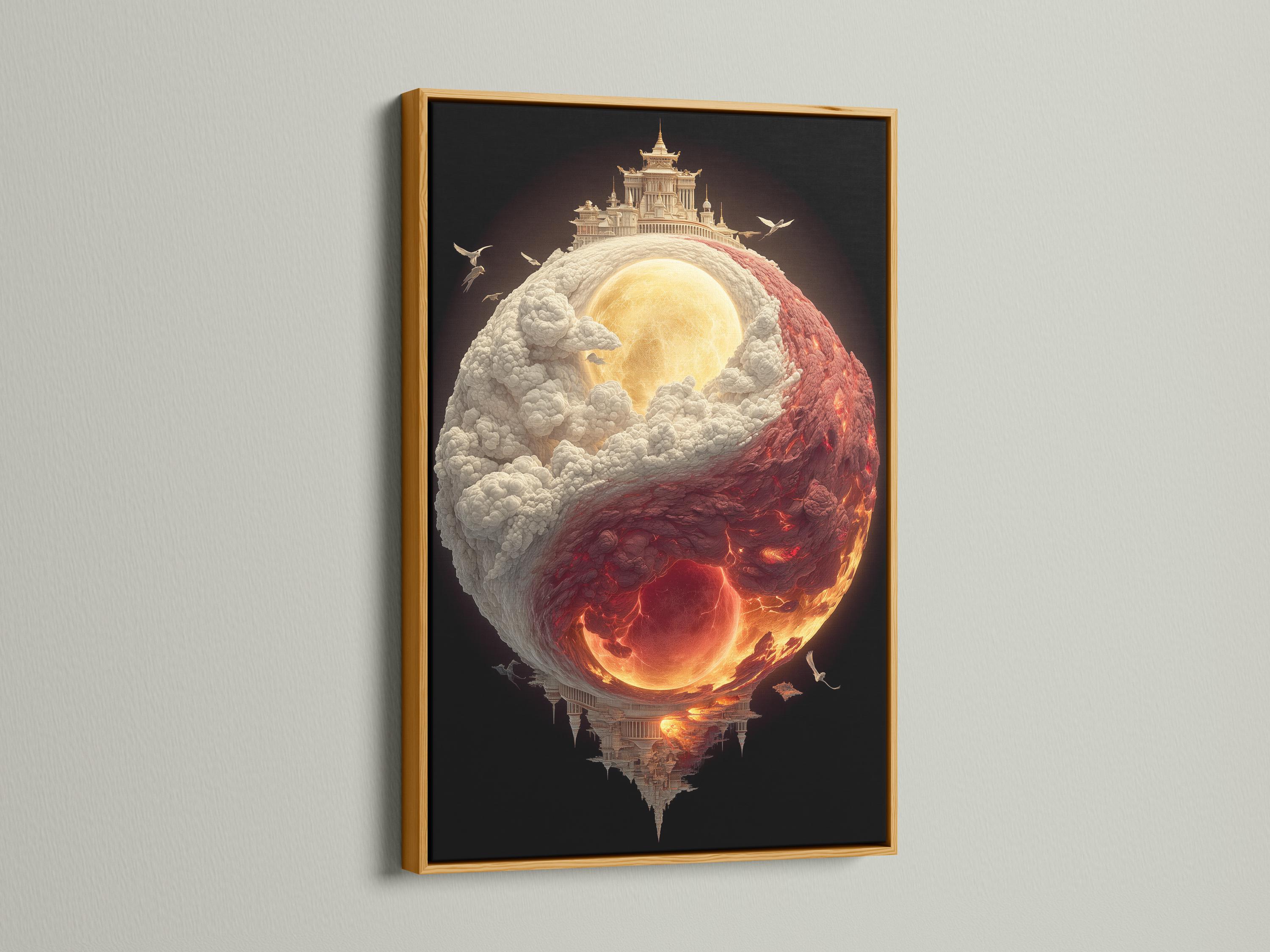 Yin–Yang inspired glowing sphere with cloud textures, fire colours, temple silhouettes and small flying birds detail view