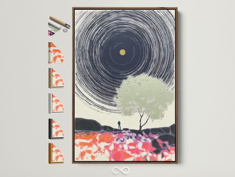 Abstract portrait artwork with navy spiral lines, a gold circle, a pale green tree silhouette, and bright fractured foreground colours