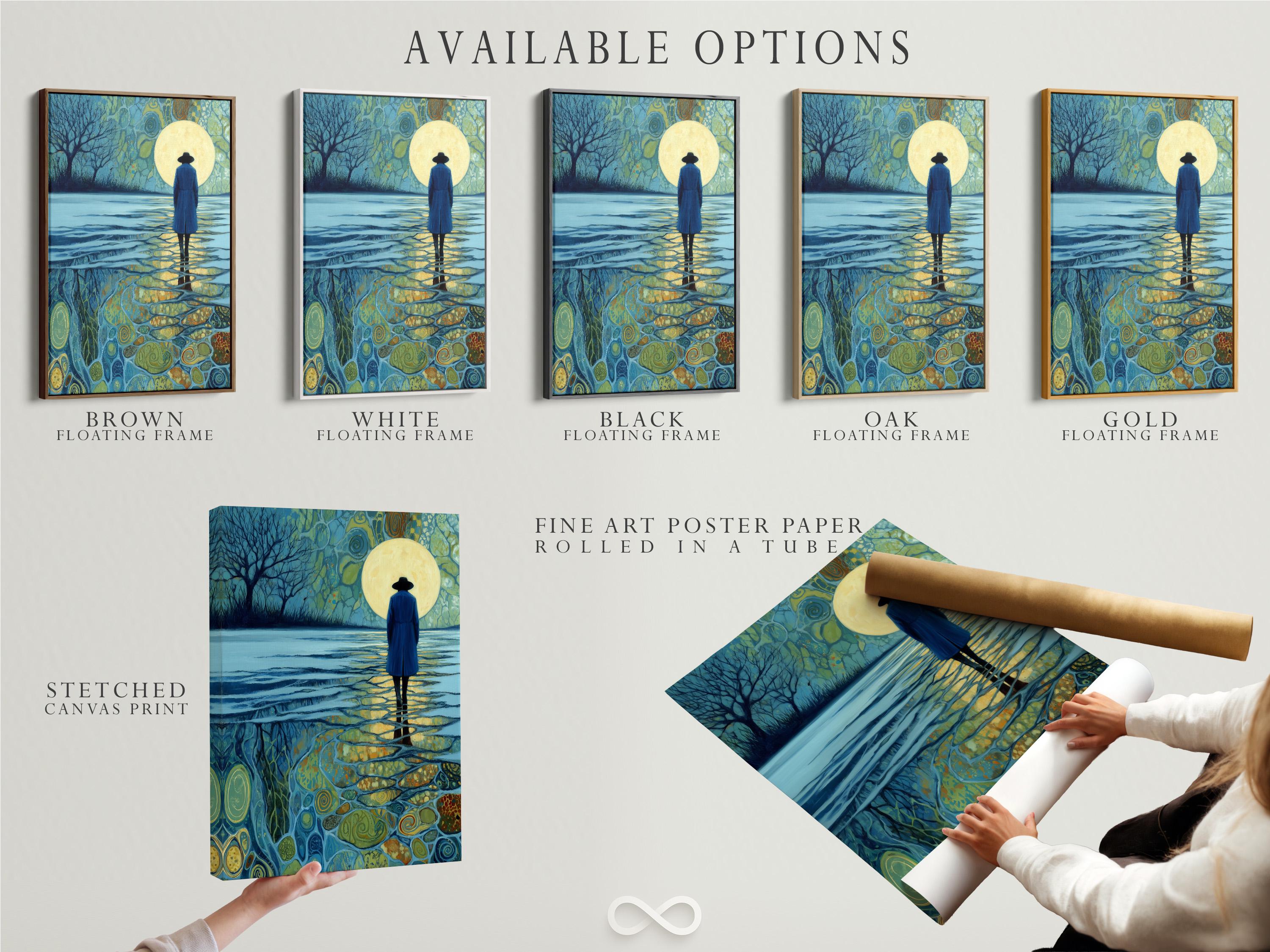 Moonlit night scene with a silhouetted figure standing in reflective water beneath a glowing moon detail view
