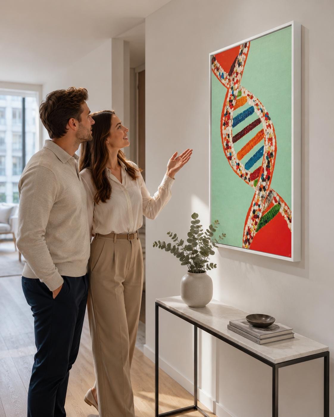 A researcher in a white lab coat stands next to a framed DNA double helix artwork