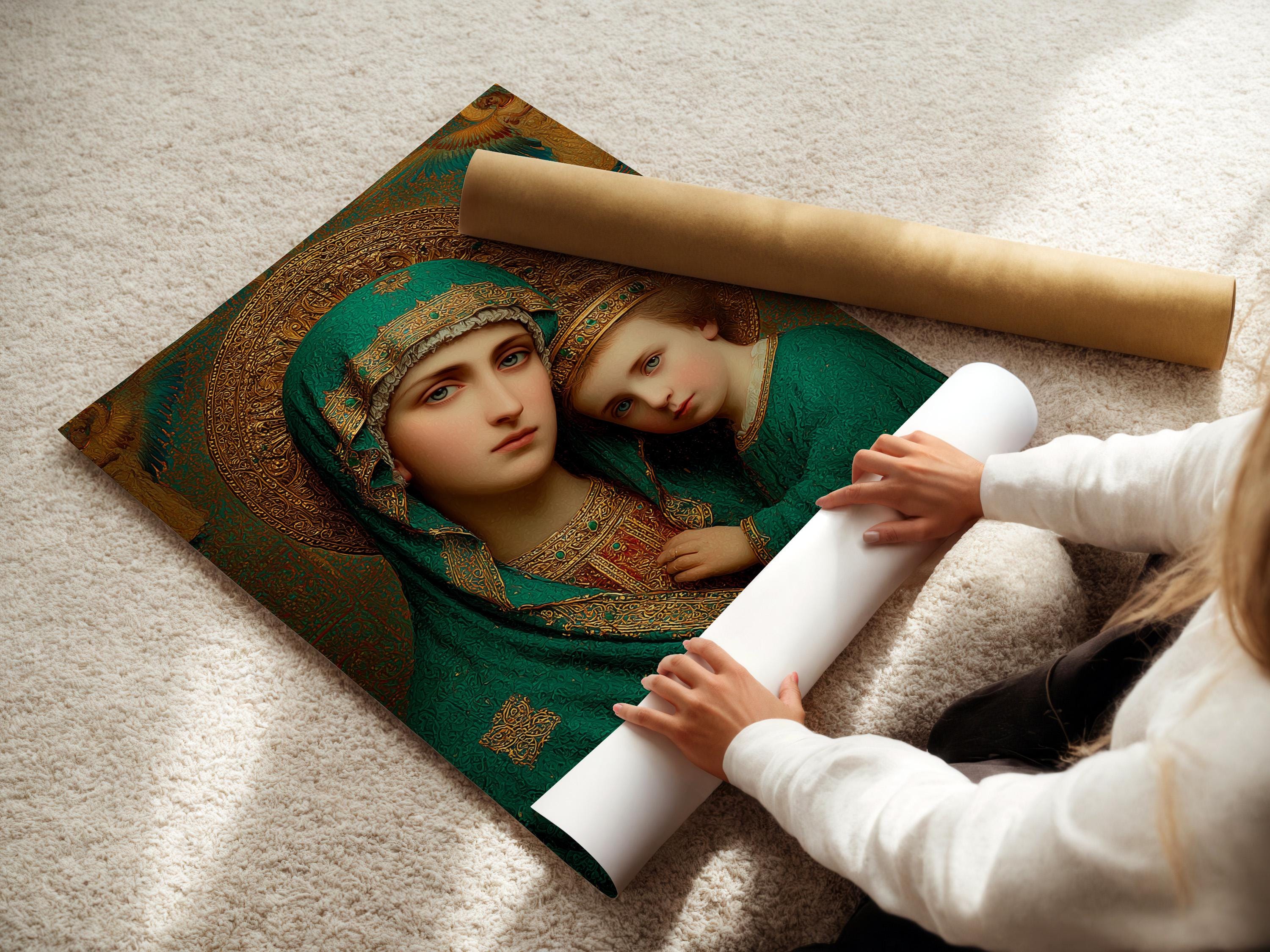 Room mockup showing a framed devotional portrait with emerald and gold figures and halos