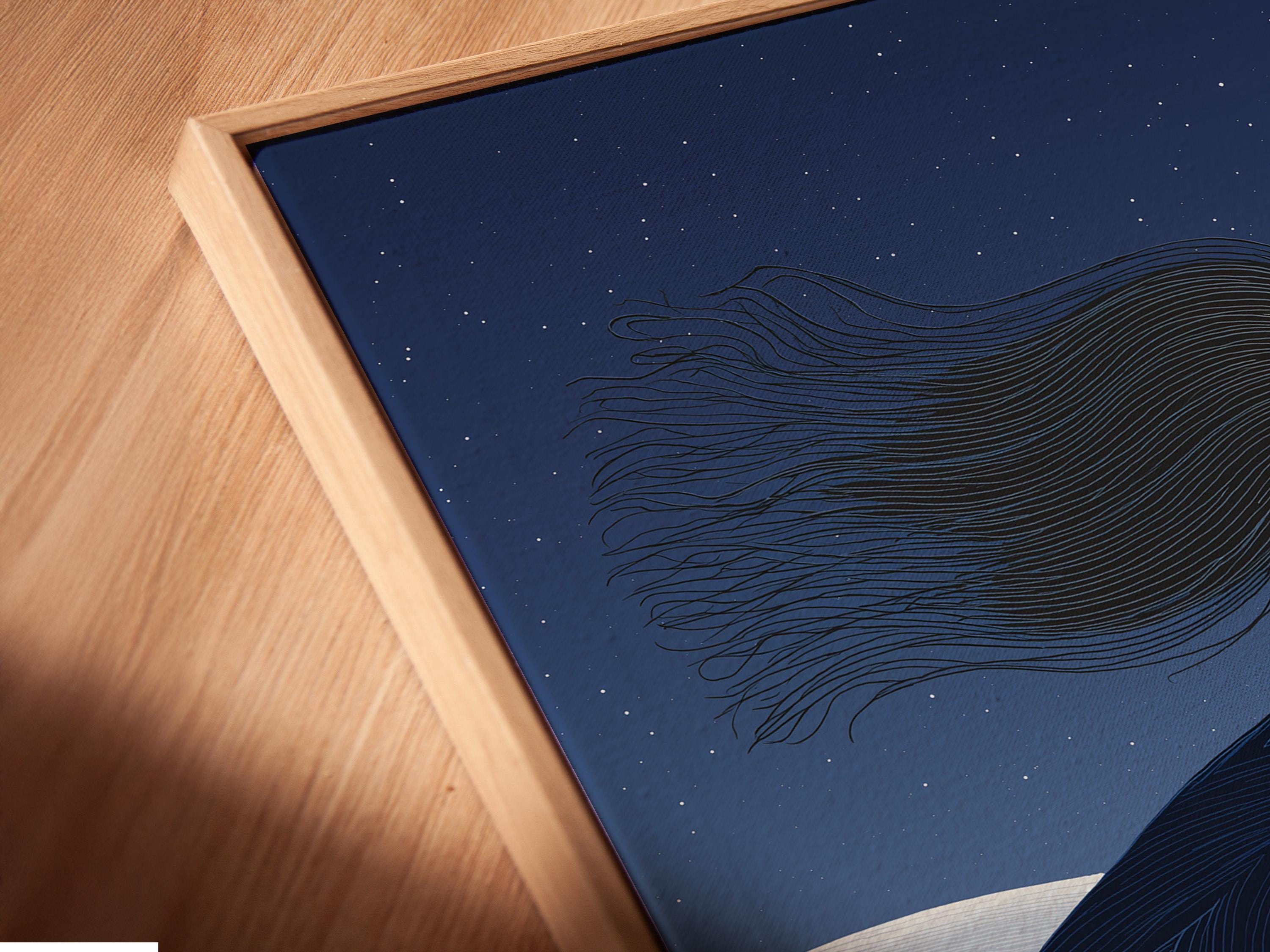 Indigo winter night artwork of a woman holding a glowing lantern above snowy hills and stars detail view